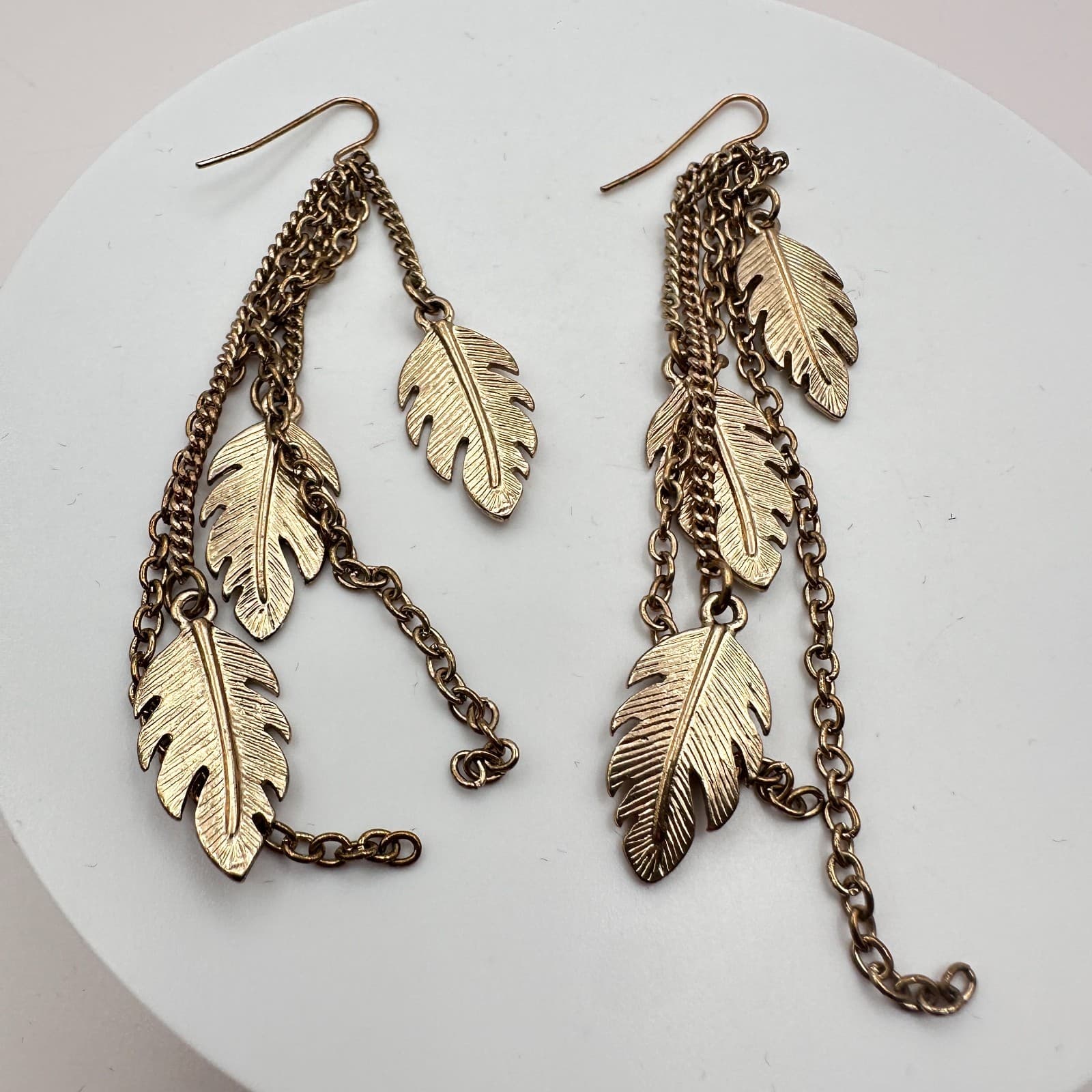 Vintage 80s Brass Leaf Tassel Earrings Multi-Chain Dangle Feathr Classic Jewelry - Thumbnail 3