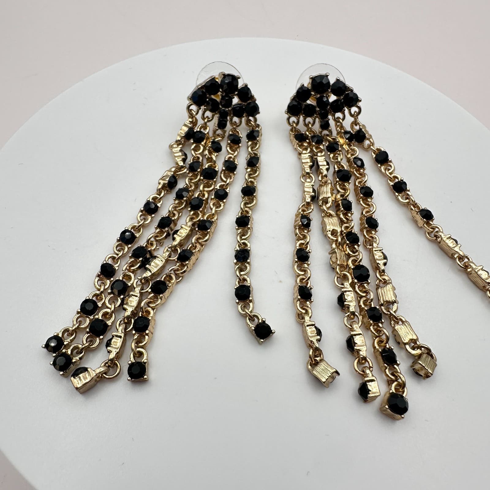 Vintage 90s Gold Tone Black Glass Dangle Fringe Drop Earrings Fashion Jewelry - Thumbnail 3