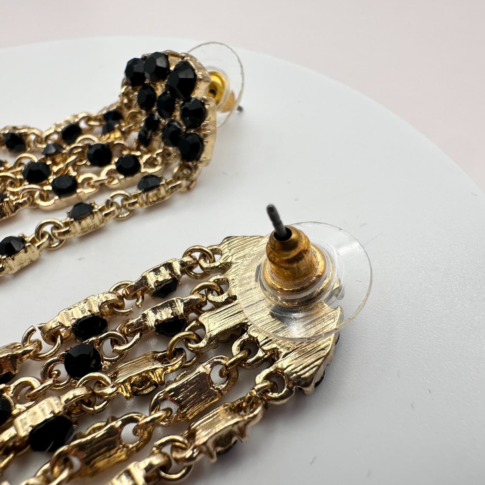 Vintage 90s Gold Tone Black Glass Dangle Fringe Drop Earrings Fashion Jewelry - Thumbnail 8