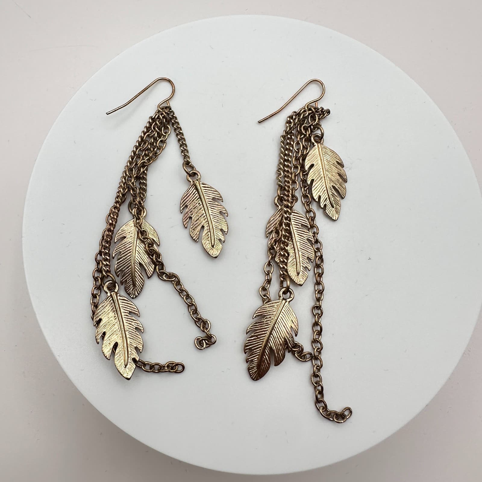 Vintage 80s Brass Leaf Tassel Earrings Multi-Chain Dangle Feathr Classic Jewelry - Thumbnail 2