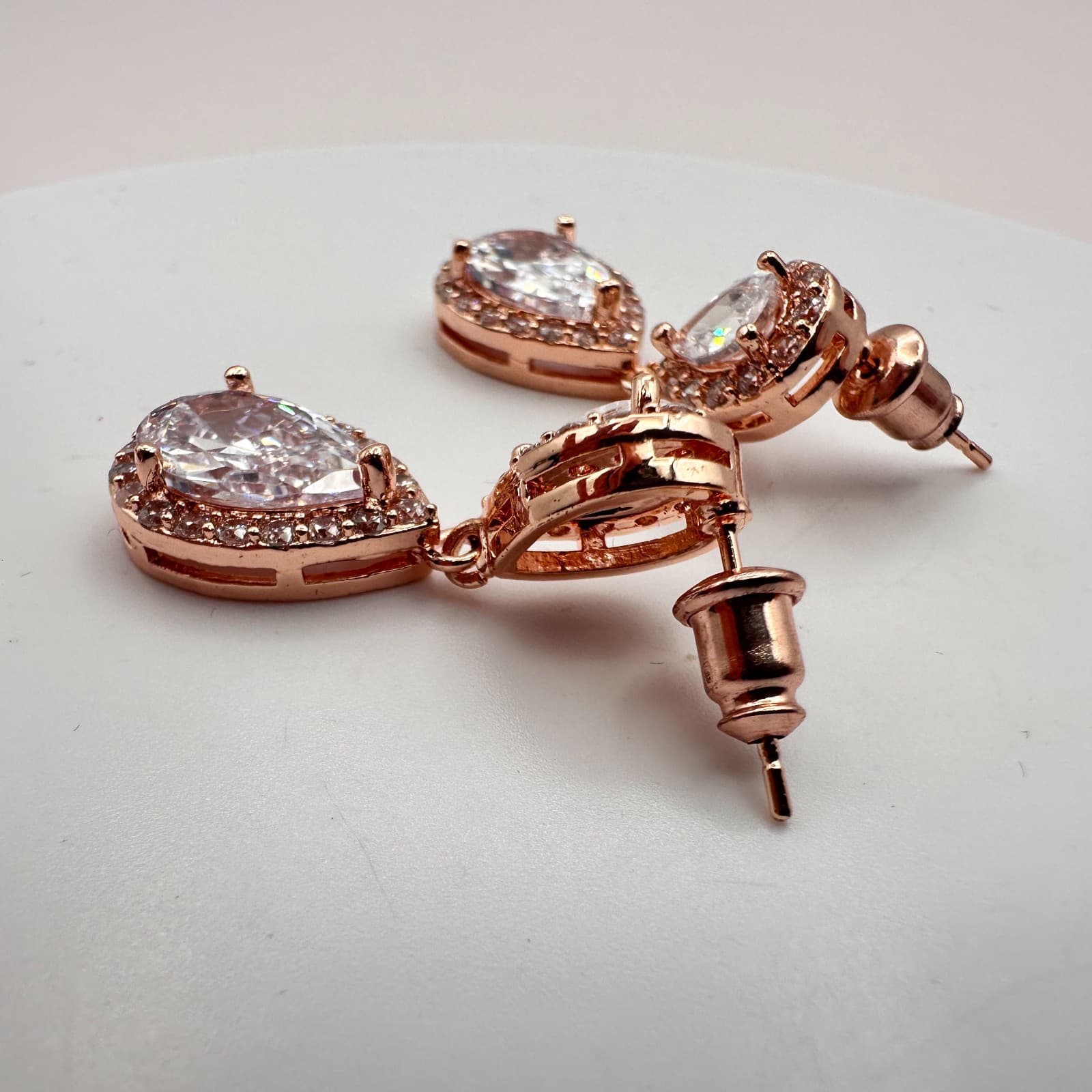 Vintage 90s Rose Gold Tone Pear Cut White Glass Halo Dangle Earrings Jewelry - Thumbnail 5