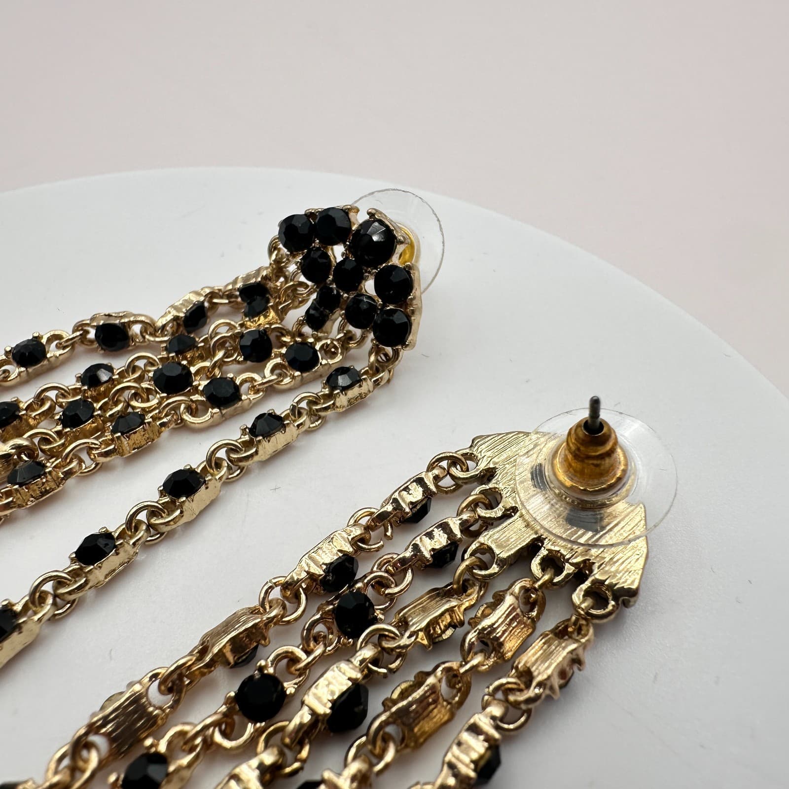 Vintage 90s Gold Tone Black Glass Dangle Fringe Drop Earrings Fashion Jewelry - Thumbnail 7