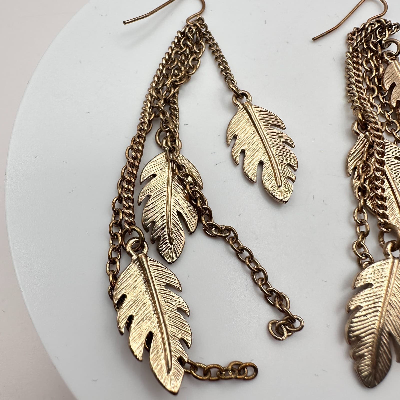 Vintage 80s Brass Leaf Tassel Earrings Multi-Chain Dangle Feathr Classic Jewelry - Thumbnail 4