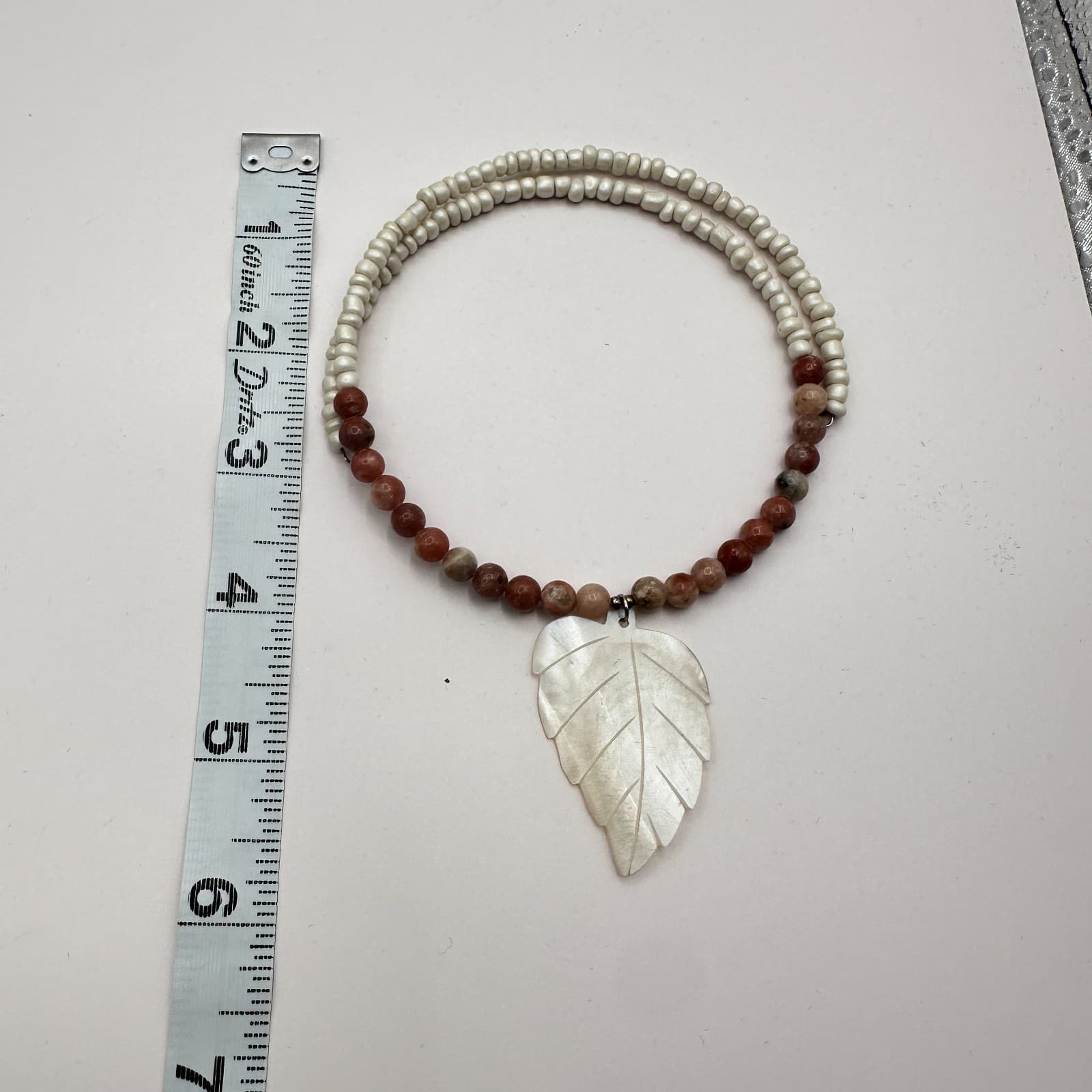 Vintage 80s Agate Leaf Pendant Beaded Necklace Jasper Sunstone Choker Jewelry - Thumbnail 9