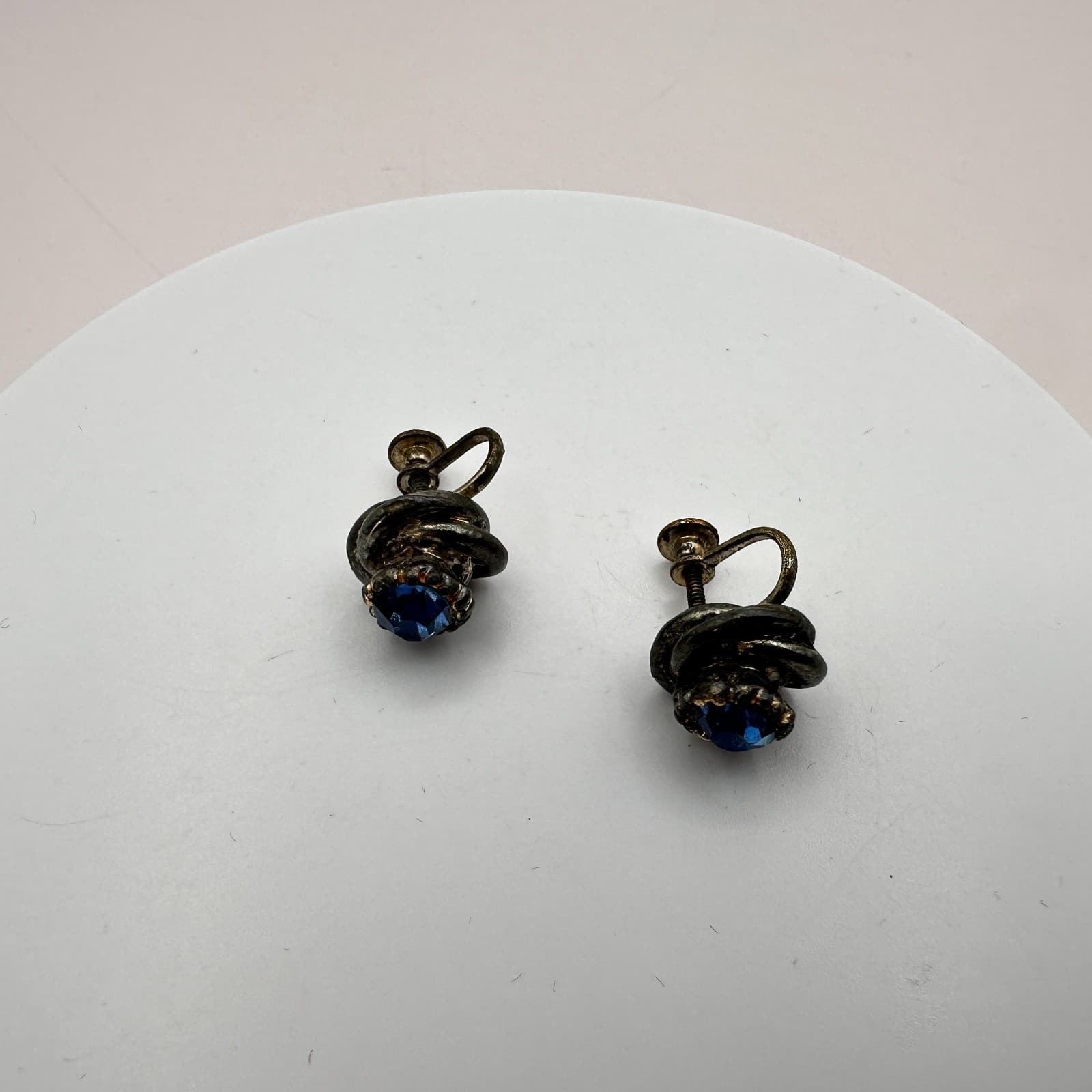 Vintage 90s Blue Glass Silver Tone Knot Earrings Classic Fashion Women's Jewelry - Thumbnail 2