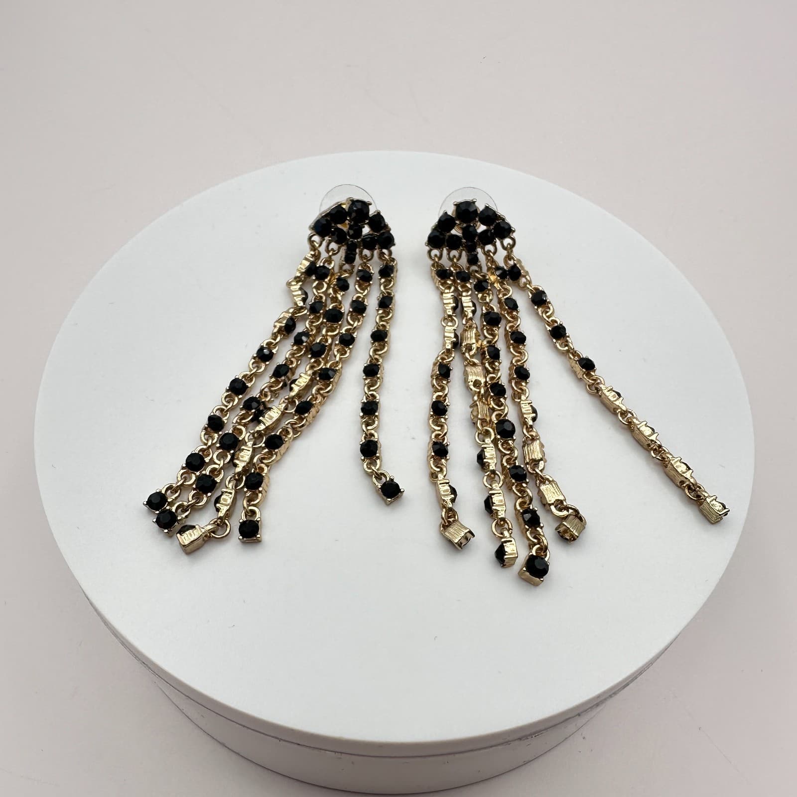 Vintage 90s Gold Tone Black Glass Dangle Fringe Drop Earrings Fashion Jewelry - Thumbnail 5
