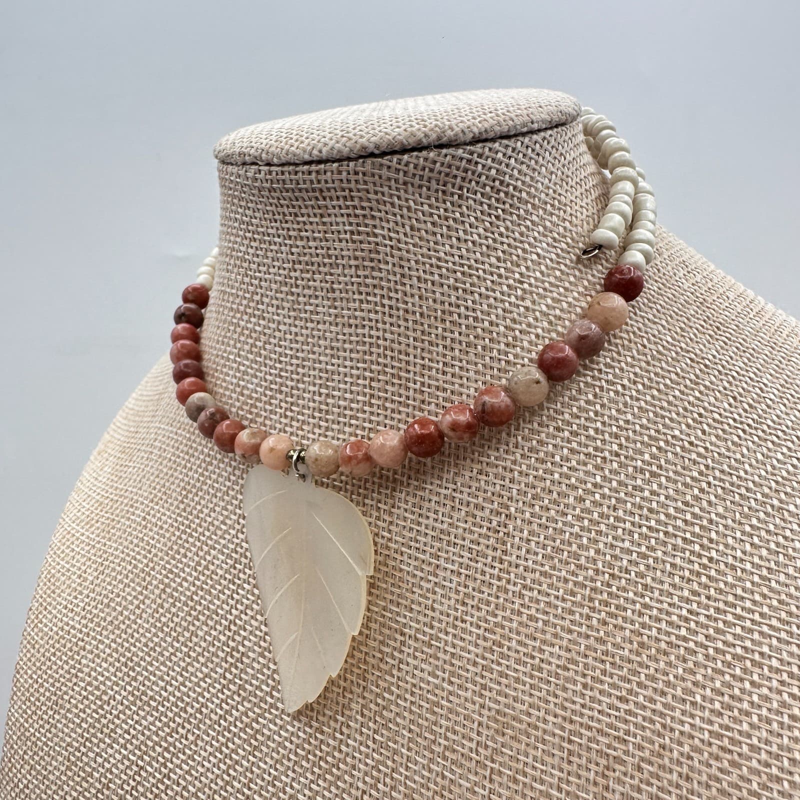 Vintage 80s Agate Leaf Pendant Beaded Necklace Jasper Sunstone Choker Jewelry - Thumbnail 8