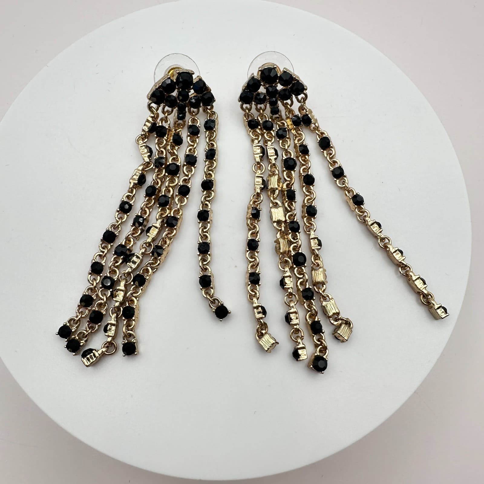 Vintage 90s Gold Tone Black Glass Dangle Fringe Drop Earrings Fashion Jewelry - Thumbnail 2