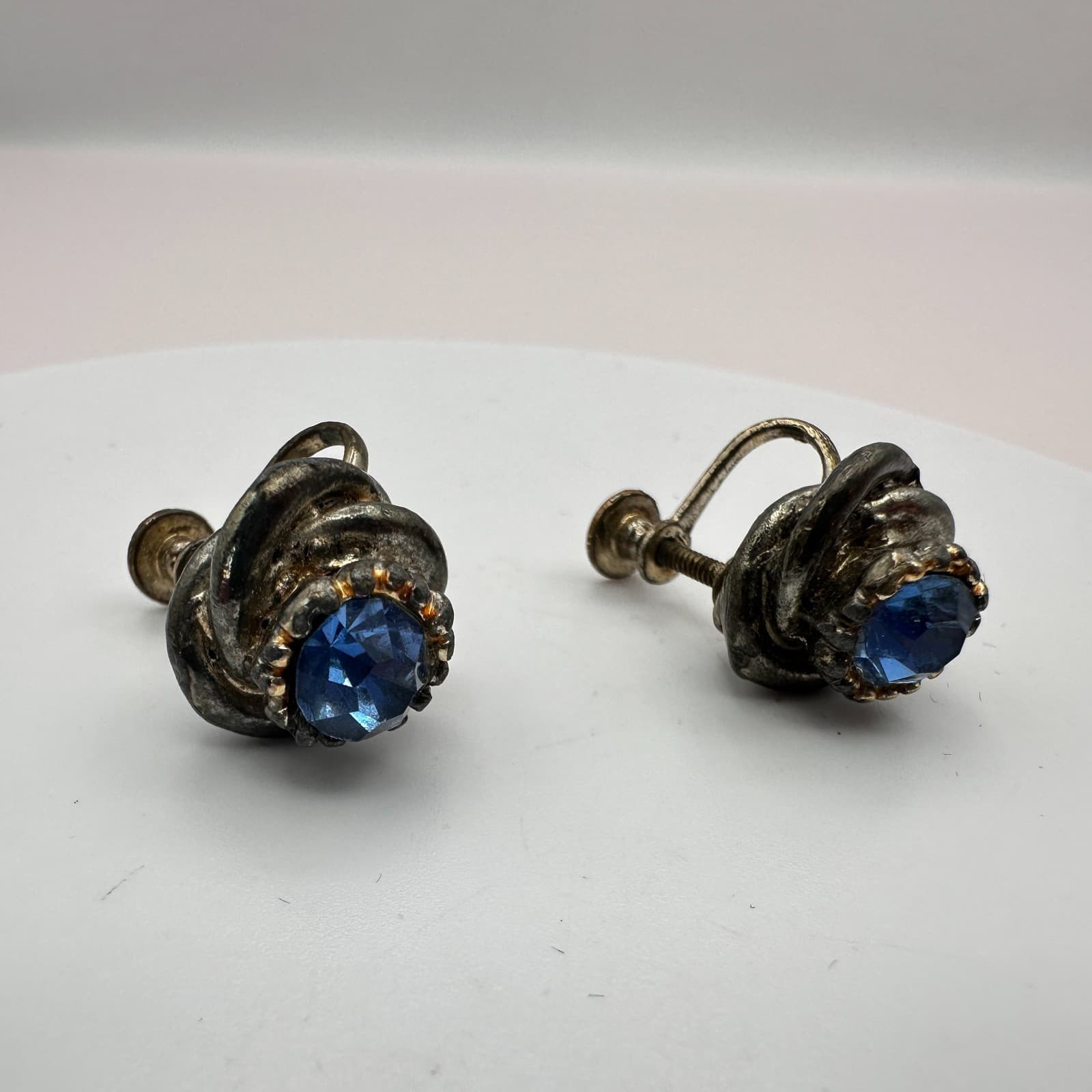 Vintage 90s Blue Glass Silver Tone Knot Earrings Classic Fashion Women's Jewelry - Thumbnail 4