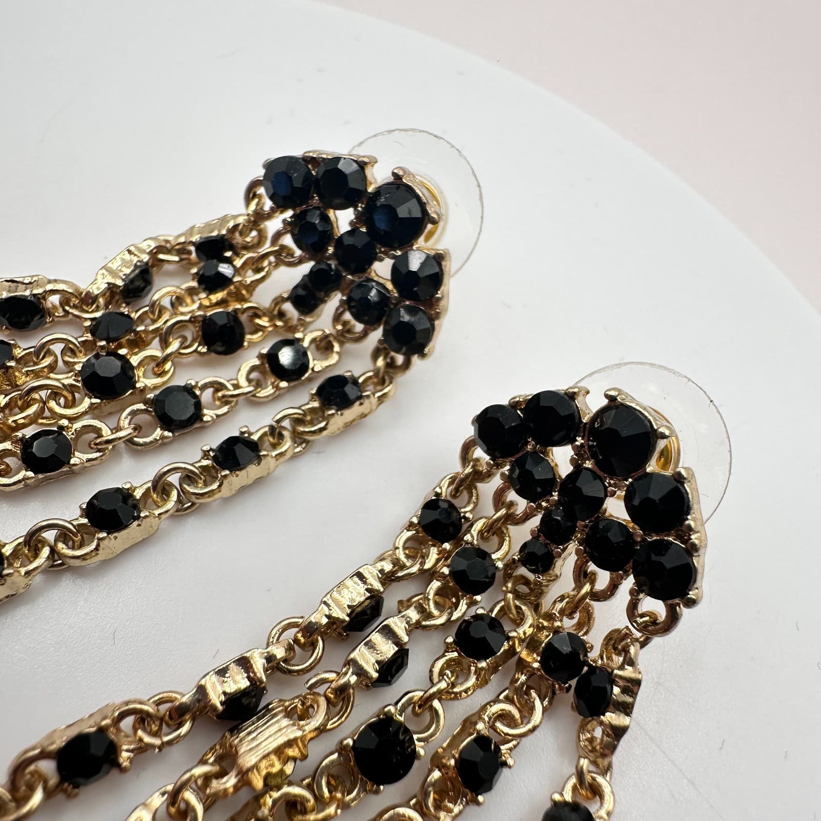 Vintage 90s Gold Tone Black Glass Dangle Fringe Drop Earrings Fashion Jewelry - Thumbnail 6
