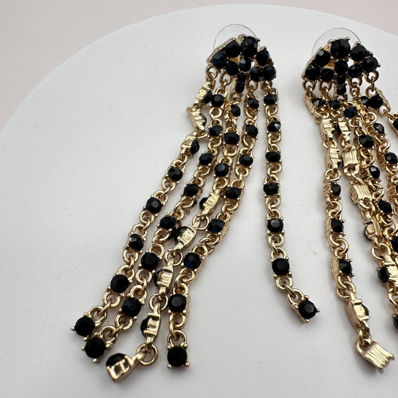 Vintage 90s Gold Tone Black Glass Dangle Fringe Drop Earrings Fashion Jewelry - Thumbnail 4