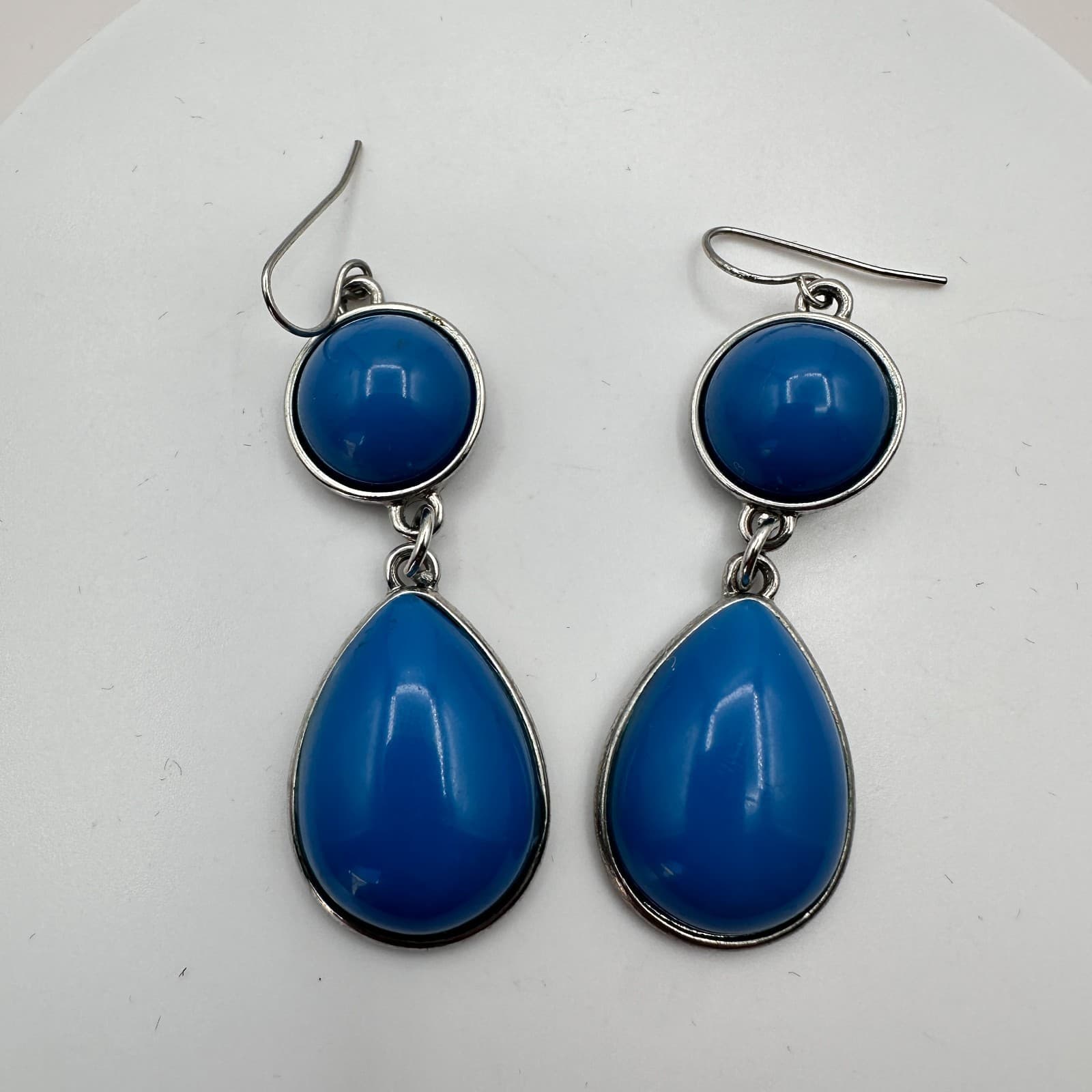 Vintage 90s Blue Glass Teardrop Dangle Earrings Silver Tone Fashion Jewelry - Thumbnail 5