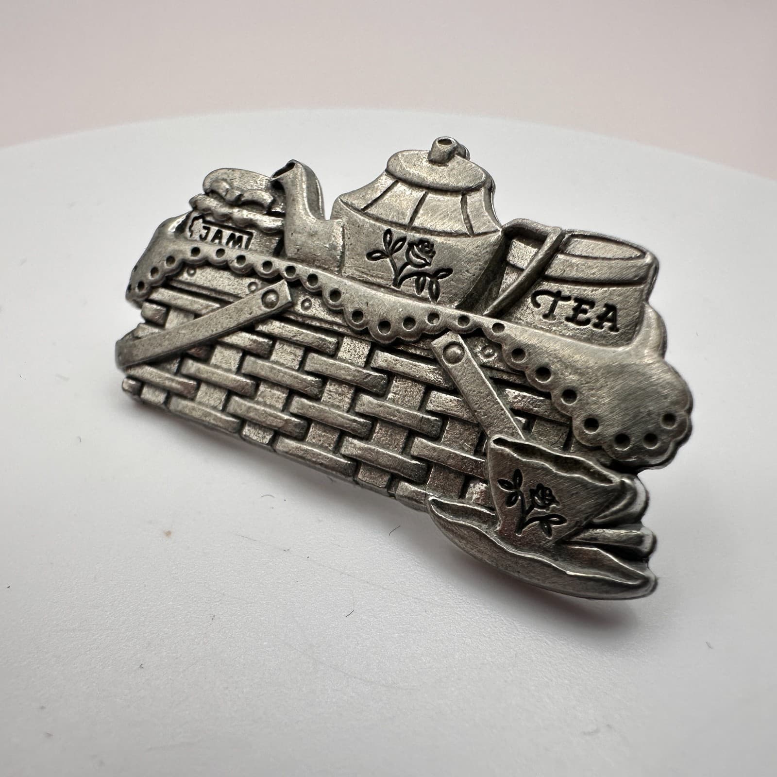 Vintage 90s Silver Tone Jam Teapot Basket Pewter Brooch Pin Classic Jewelry - Thumbnail 5