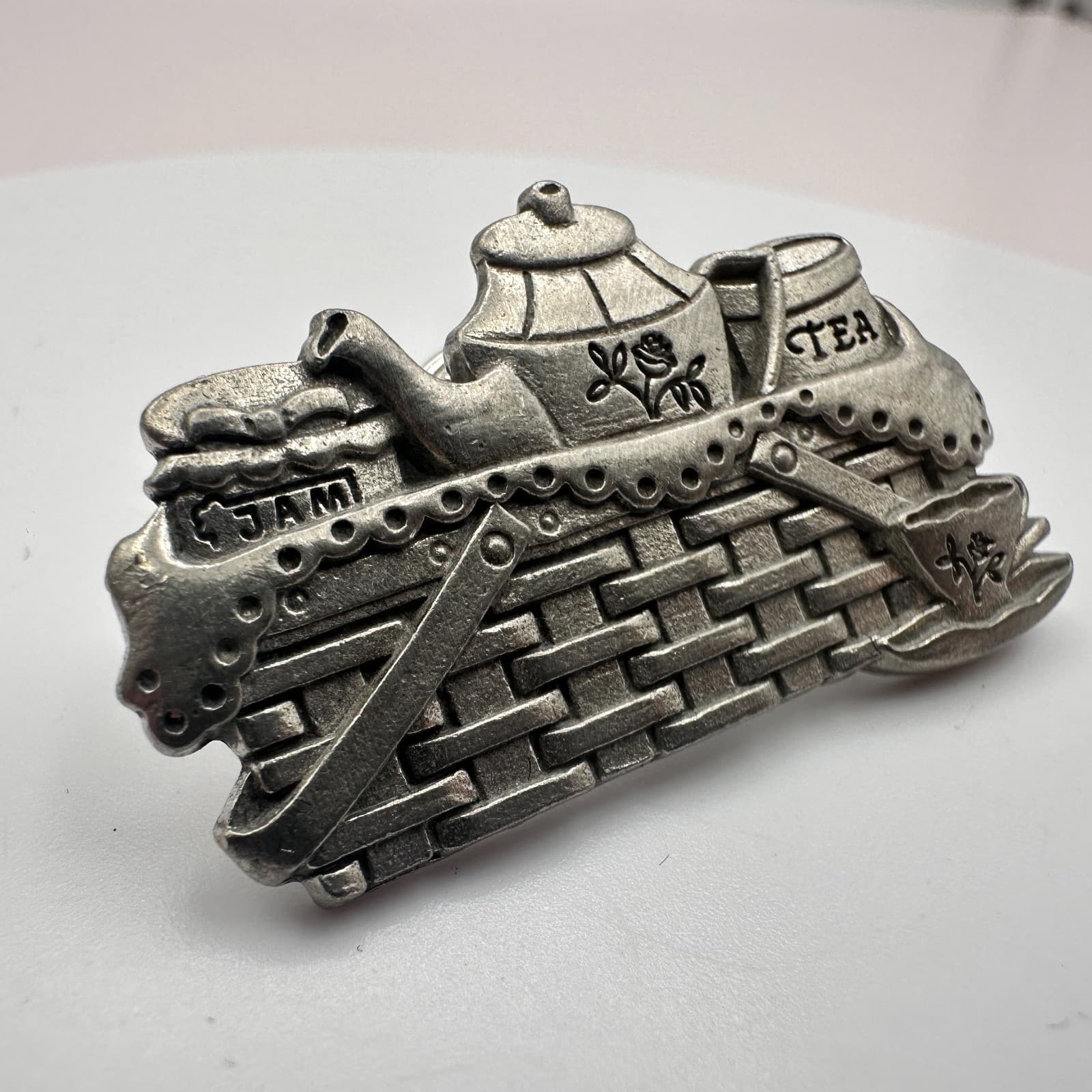 Vintage 90s Silver Tone Jam Teapot Basket Pewter Brooch Pin Classic Jewelry - Thumbnail 4