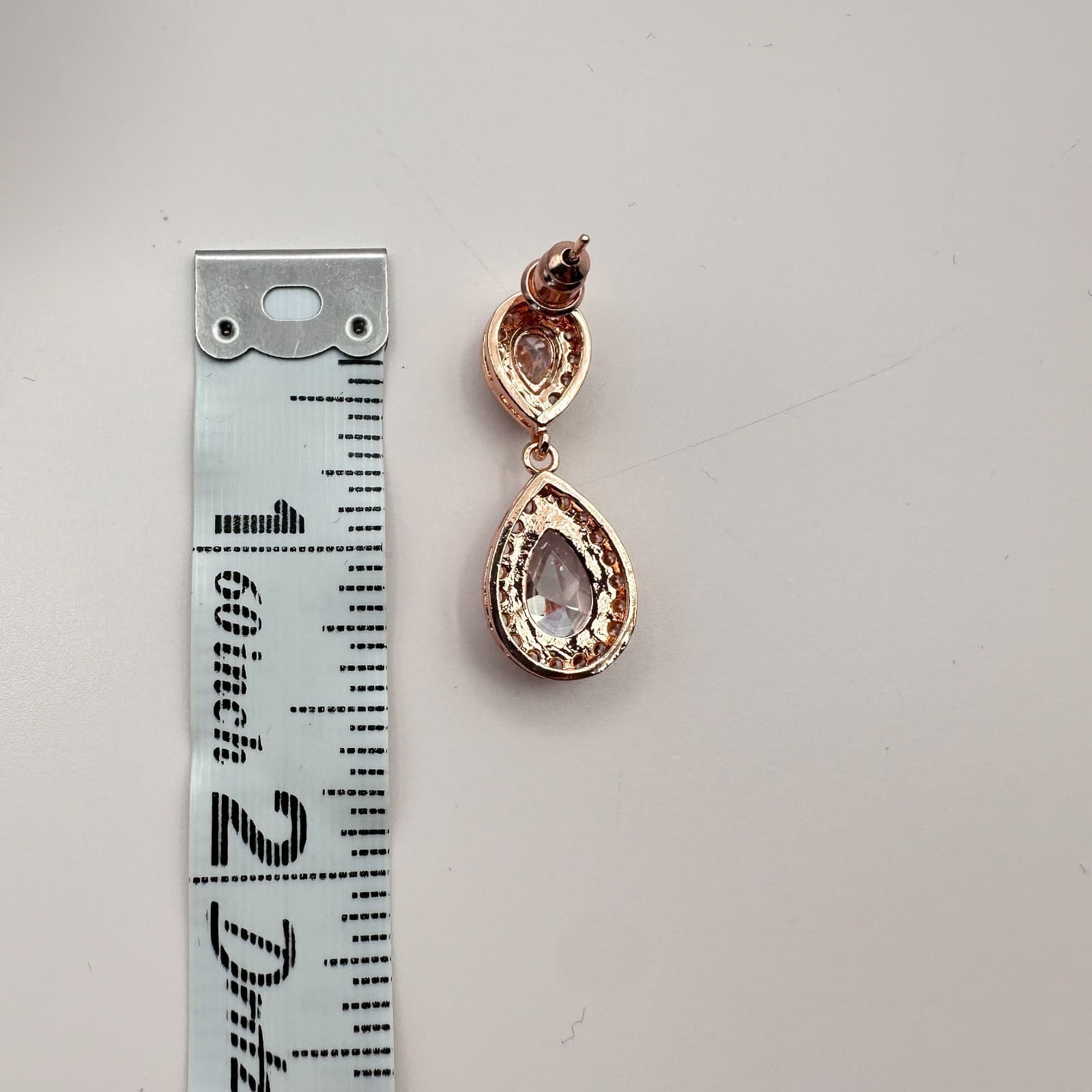 Vintage 90s Rose Gold Tone Pear Cut White Glass Halo Dangle Earrings Jewelry - Thumbnail 7