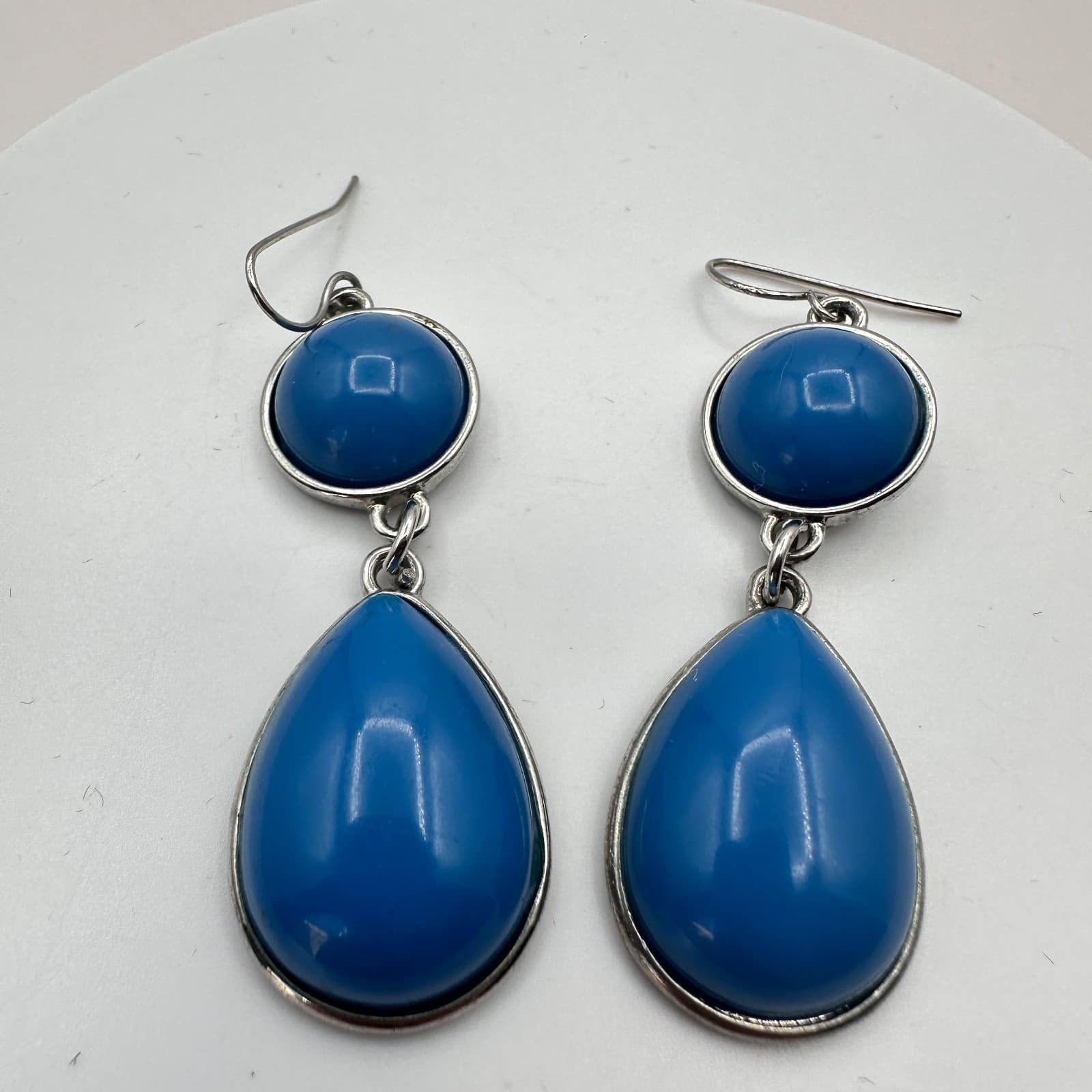 Vintage 90s Blue Glass Teardrop Dangle Earrings Silver Tone Fashion Jewelry - Thumbnail 4