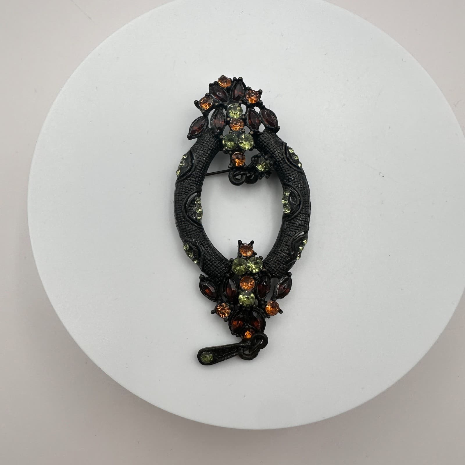 Vintage 90s Orange Green Glass Rhinestone Black Wreath Brooch Pin Jewelry - Thumbnail 3