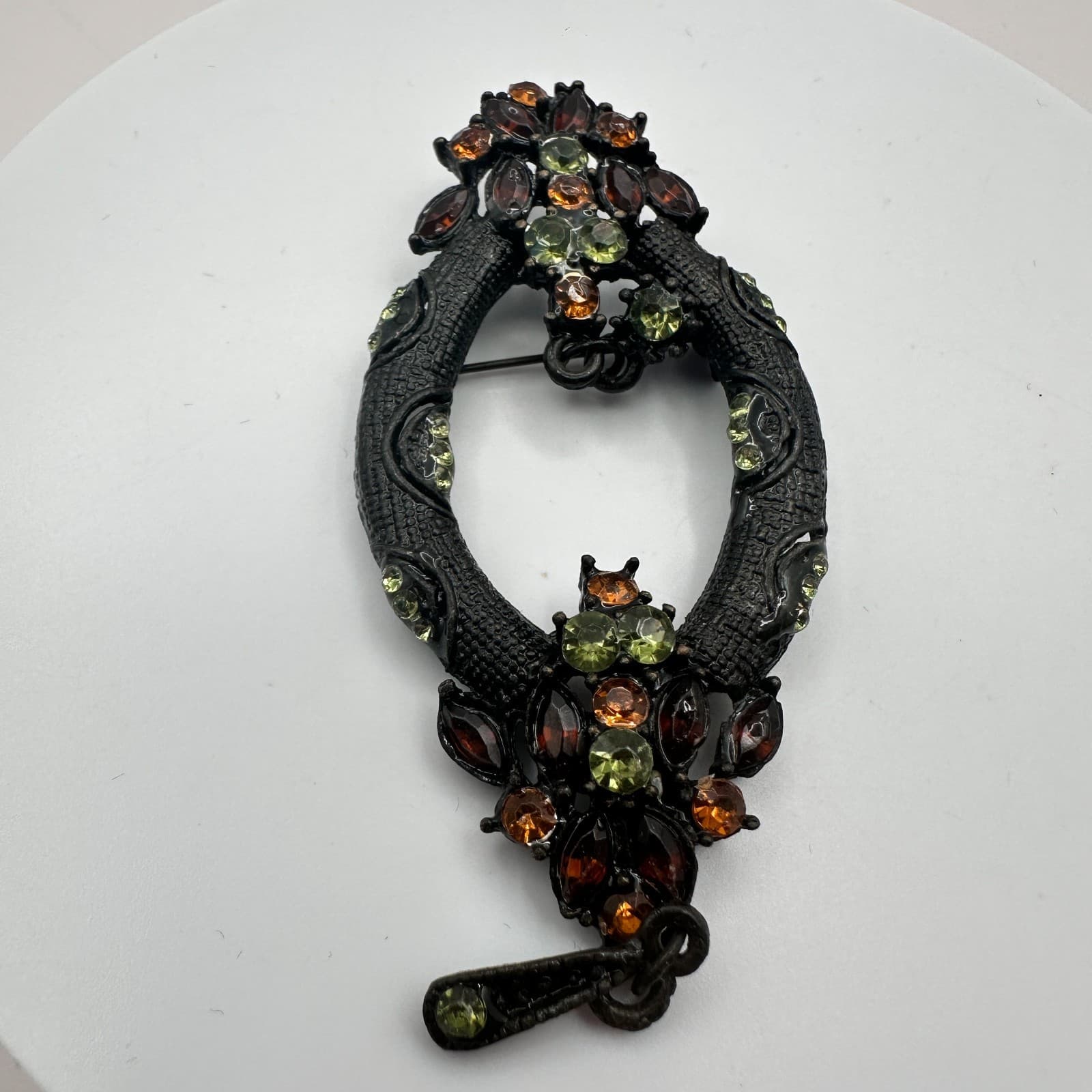 Vintage 90s Orange Green Glass Rhinestone Black Wreath Brooch Pin Jewelry - Thumbnail 4