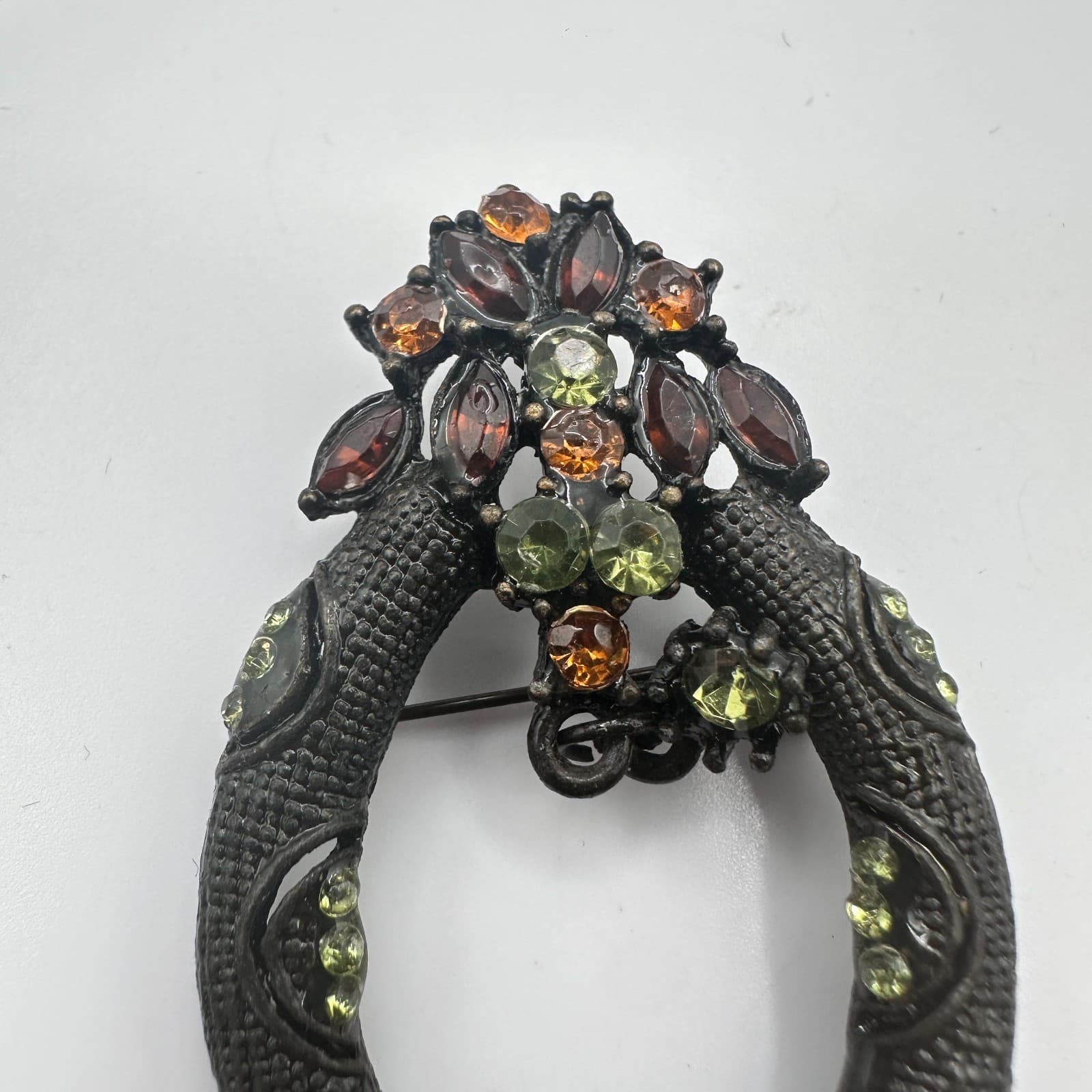 Vintage 90s Orange Green Glass Rhinestone Black Wreath Brooch Pin Jewelry - Thumbnail 6