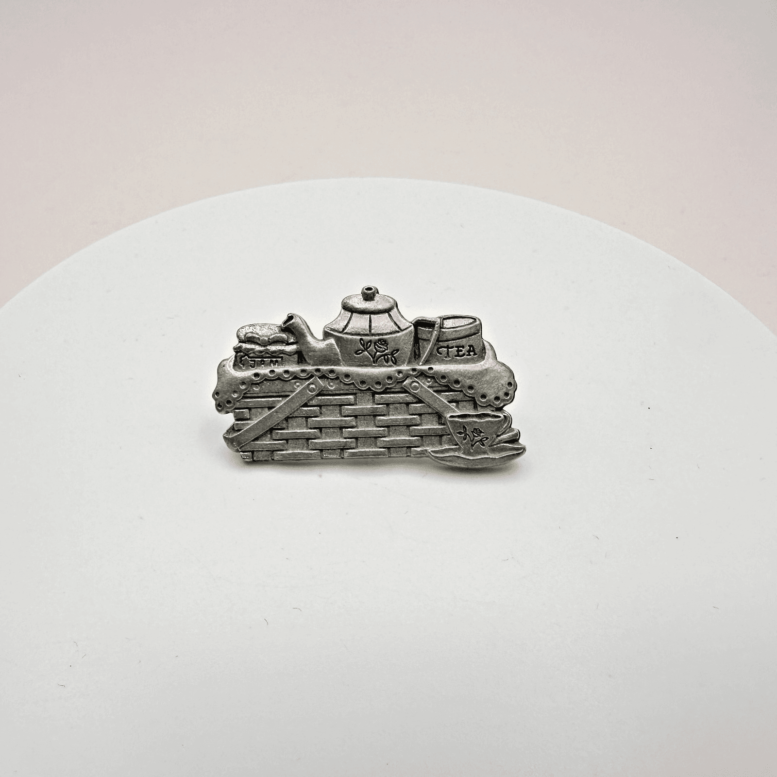 Vintage 90s Silver Tone Jam Teapot Basket Pewter Brooch Pin Classic Jewelry - Thumbnail 2