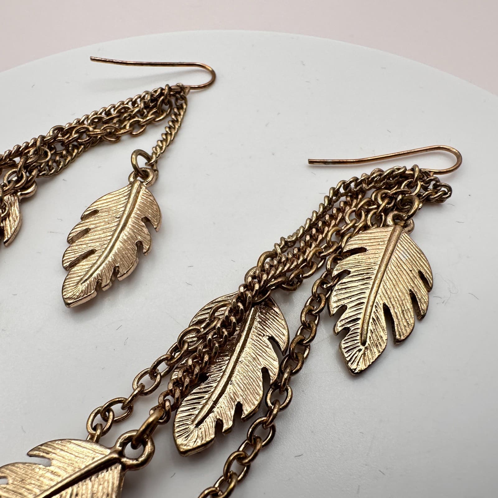 Vintage 80s Brass Leaf Tassel Earrings Multi-Chain Dangle Feathr Classic Jewelry - Thumbnail 7