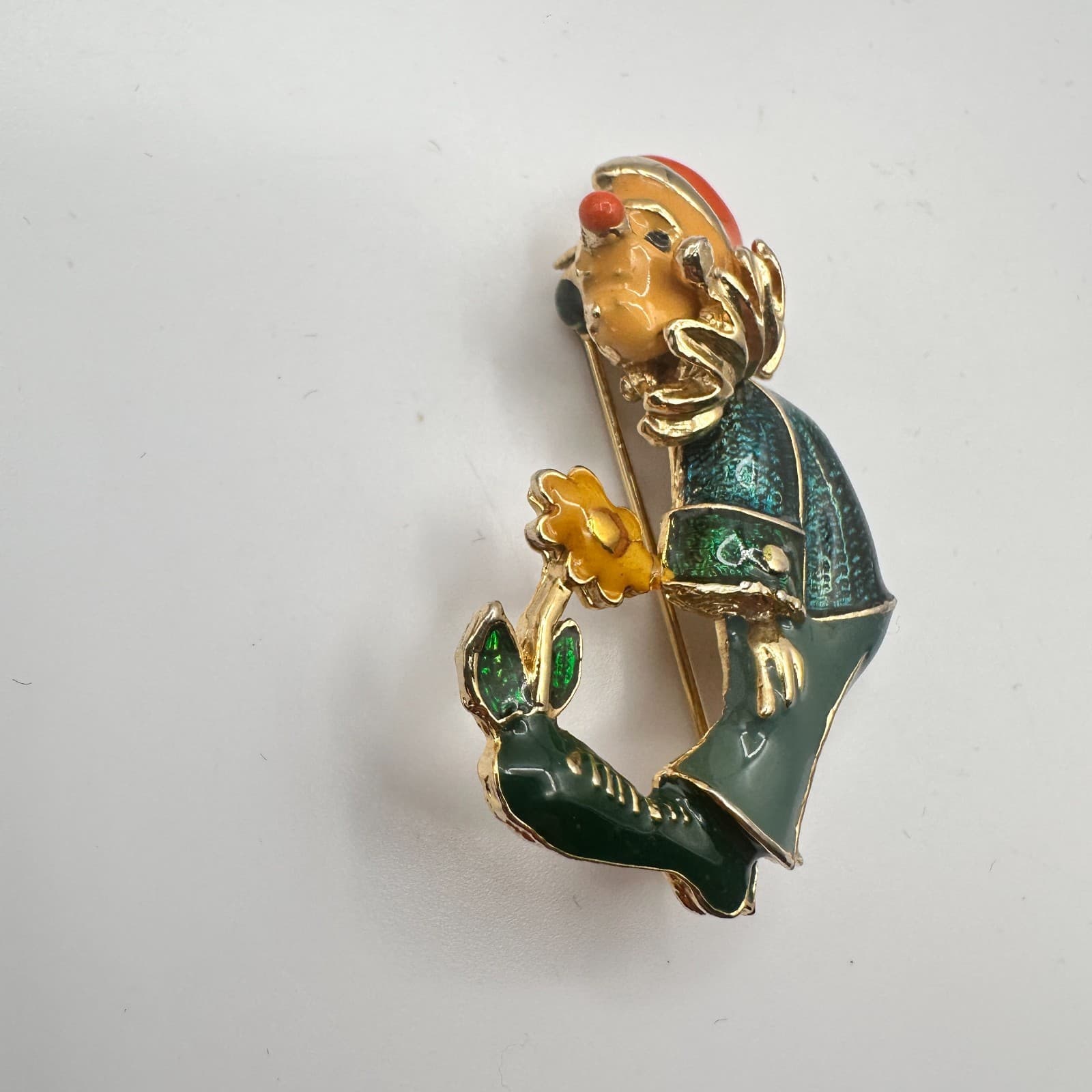 Vintage Y2K Gold Tone Sad Clown Holding Flower Enamel Brooch Pin Classic Jewelry - Thumbnail 5