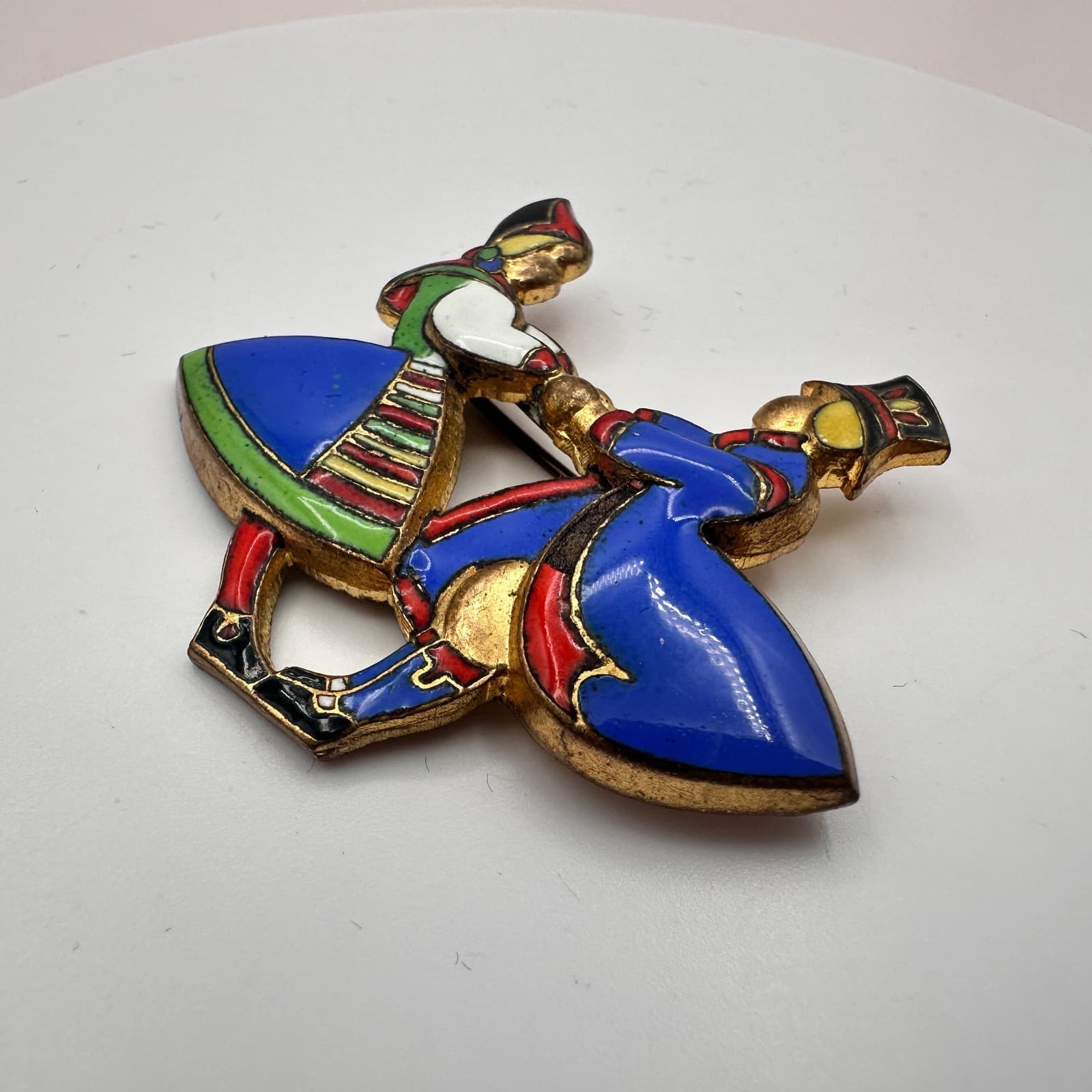 Vintage Y2K Gold Tone Folk Dancing Couple Enamel Brooch Pin Women's Jewelry - Thumbnail 5