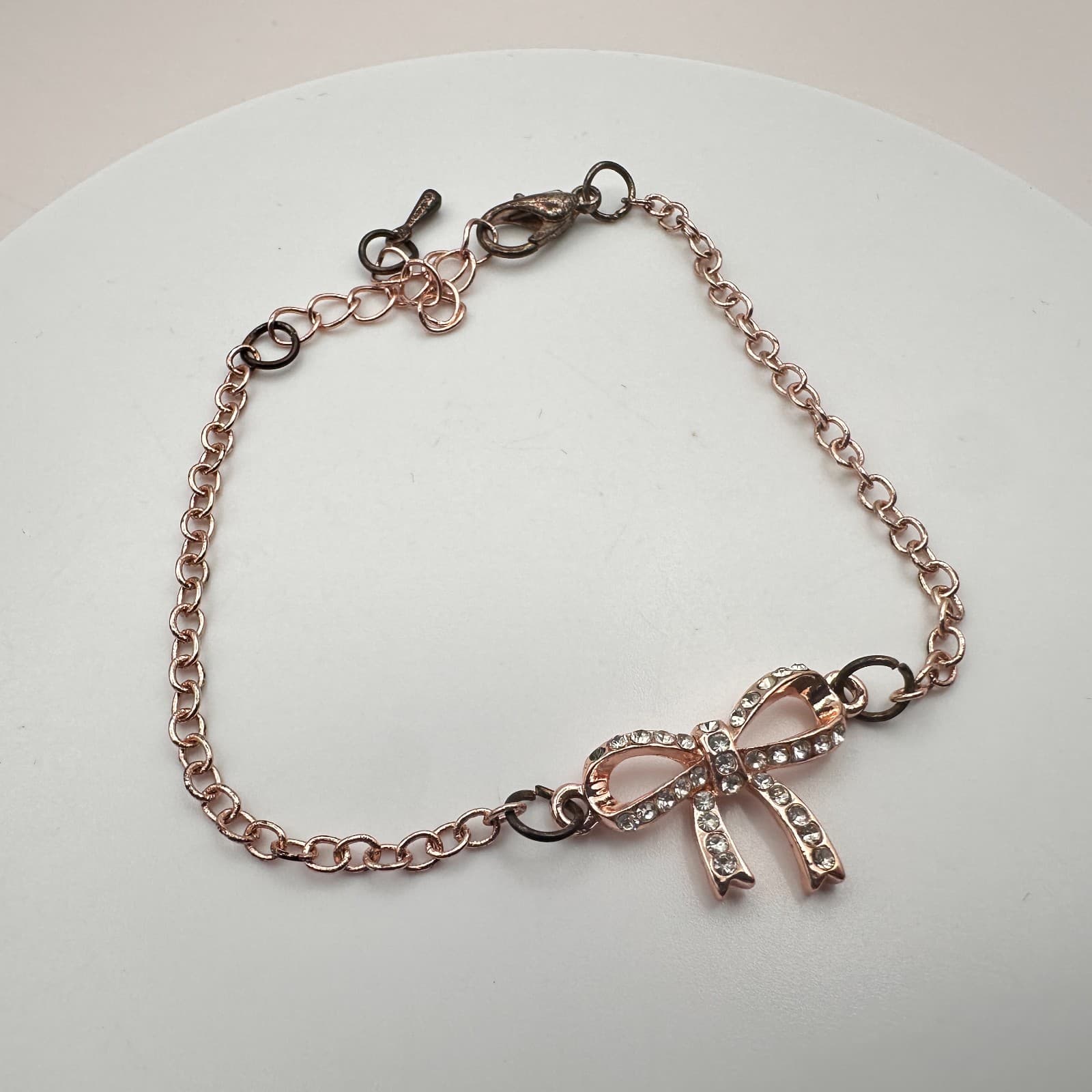 Vintage 90s Rose Gold Tone Bow Rhinestone Bracelet Women's Classic Jewelry - Thumbnail 5