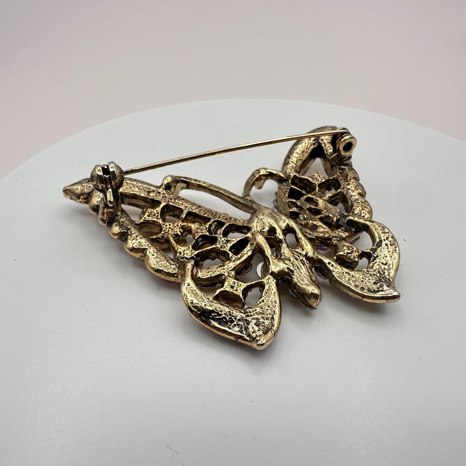 Vintage 90s Gold Tone Filigree Butterfly Brooch Pin AB Glass Fashion Jewelry - Thumbnail 5