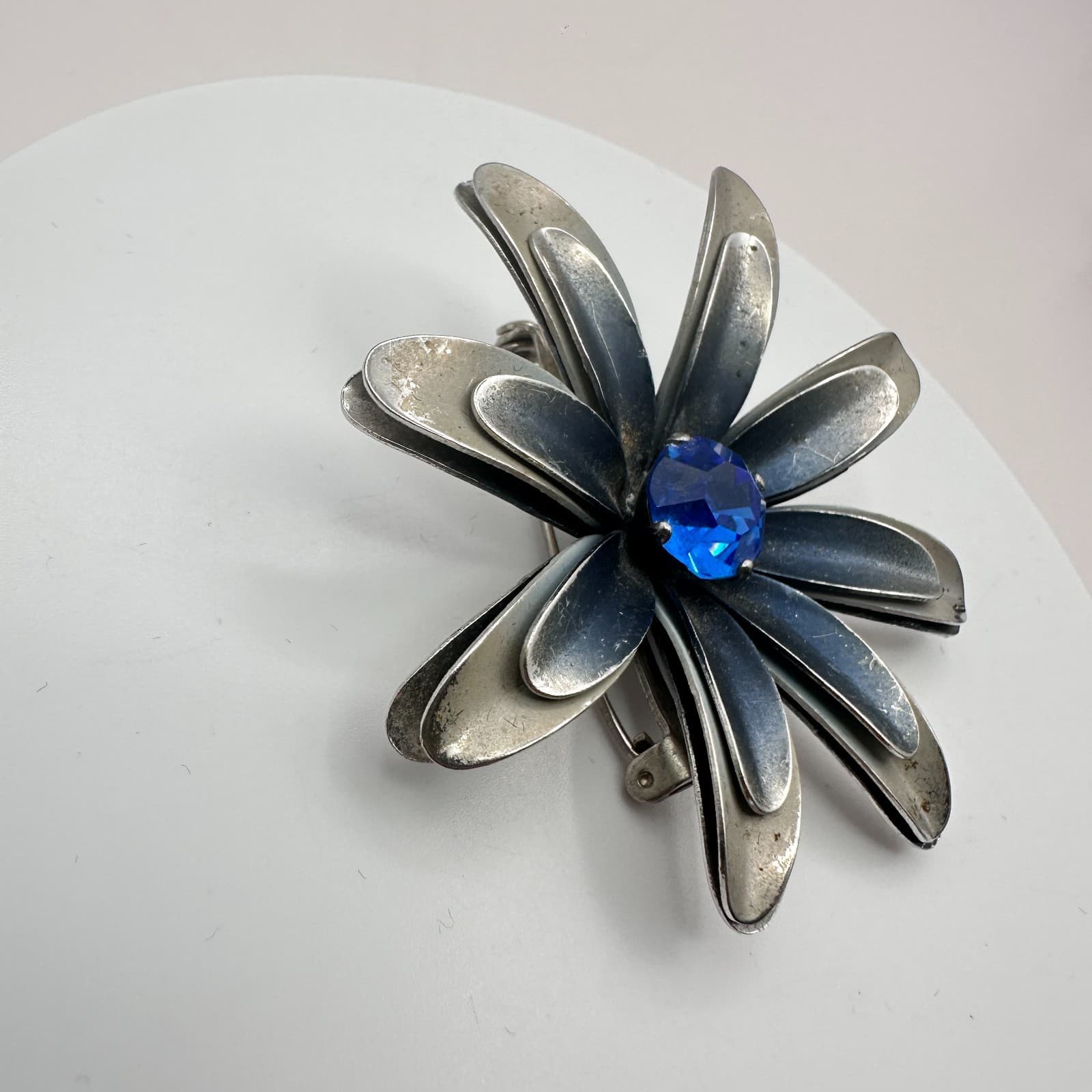 Vintage 90s Silver Tone Blue Glass Floral Pin Brooch Fashion Women's Jewelry - Thumbnail 5