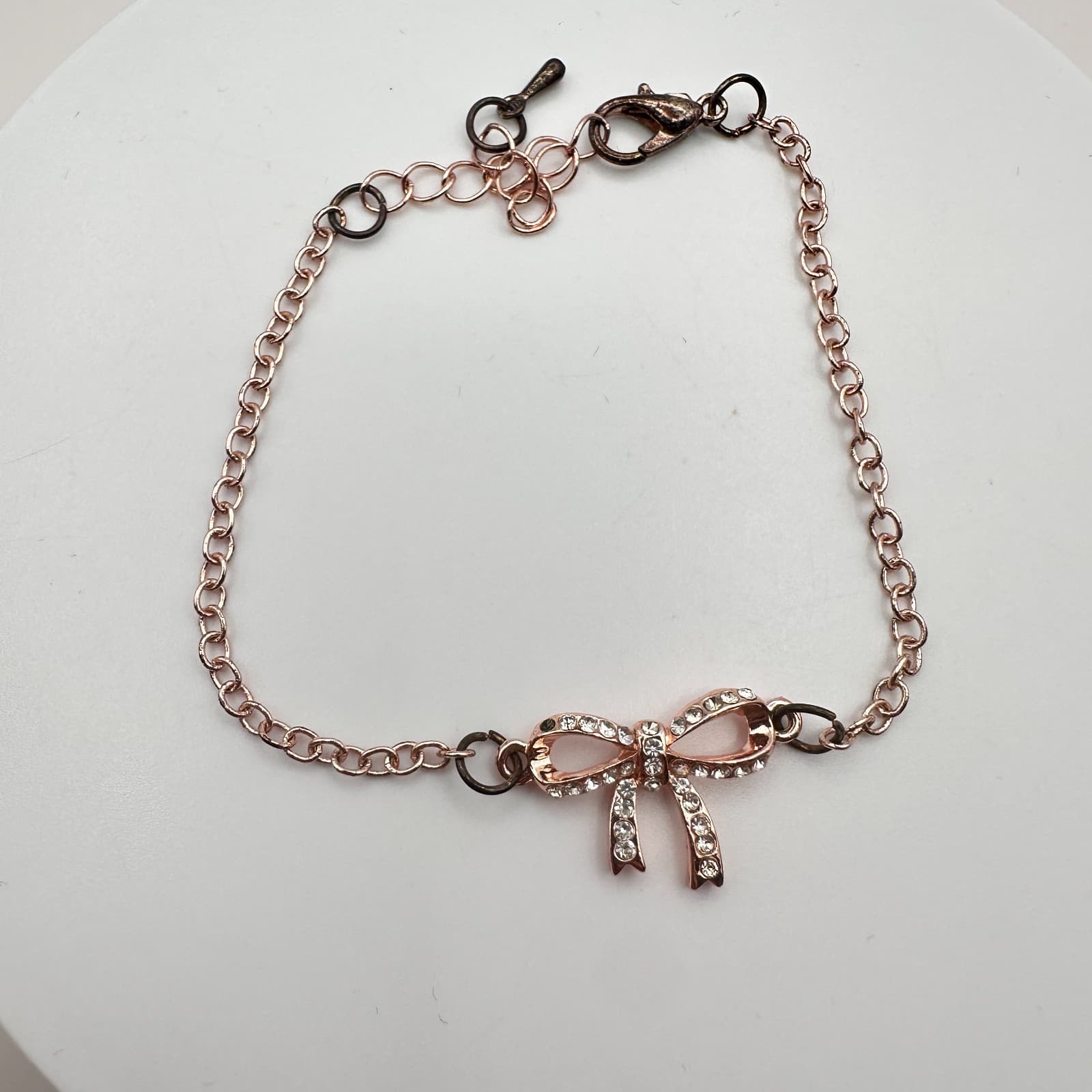 Vintage 90s Rose Gold Tone Bow Rhinestone Bracelet Women's Classic Jewelry - Thumbnail 2