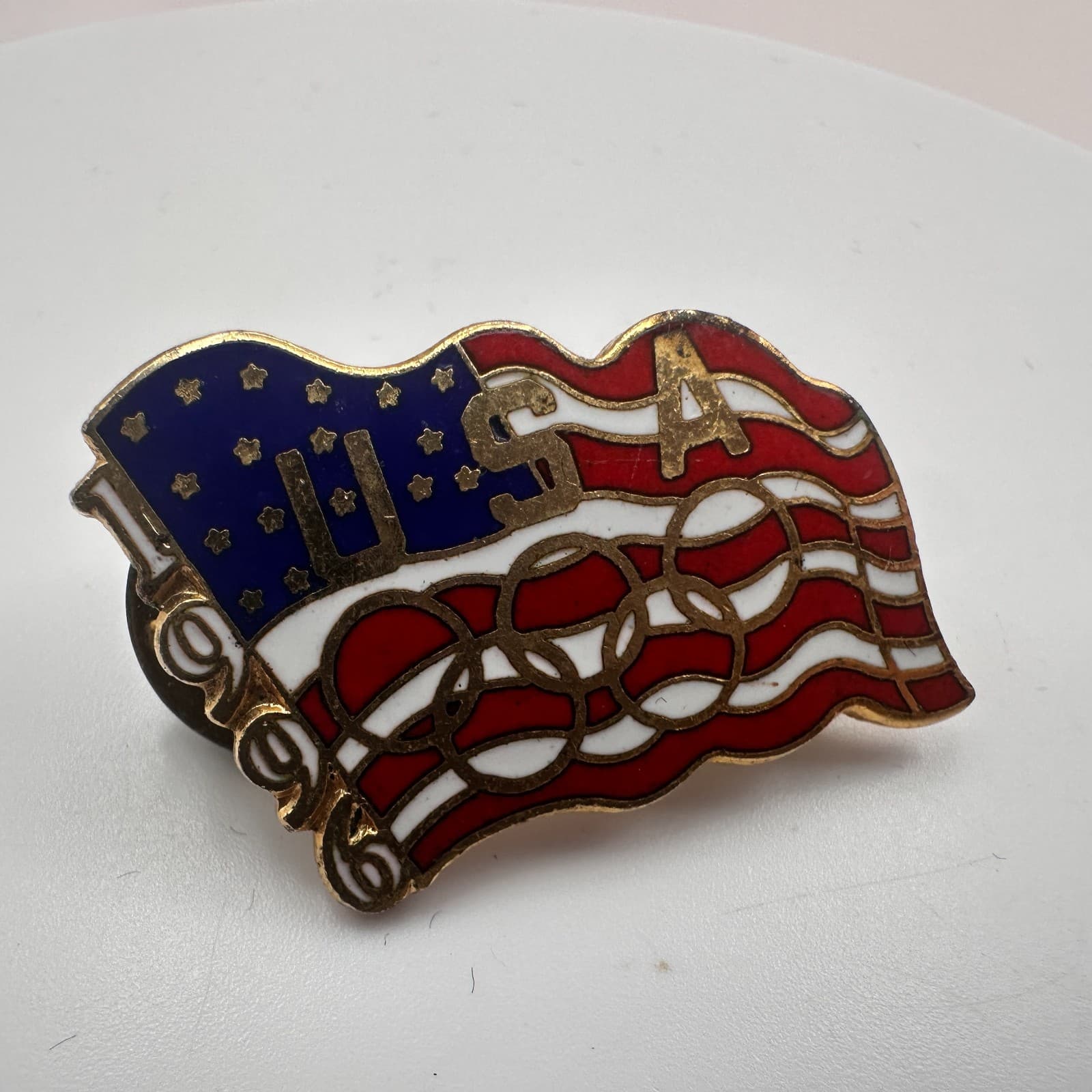 Vintage 90s Ho Ho NYC Enamel Atlanta Olympics USA Flag Pin Gold Tone Jewelry - Thumbnail 4