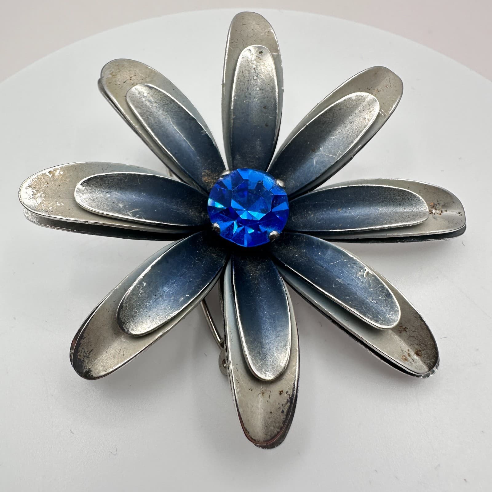 Vintage 90s Silver Tone Blue Glass Floral Pin Brooch Fashion Women's Jewelry - Thumbnail 4