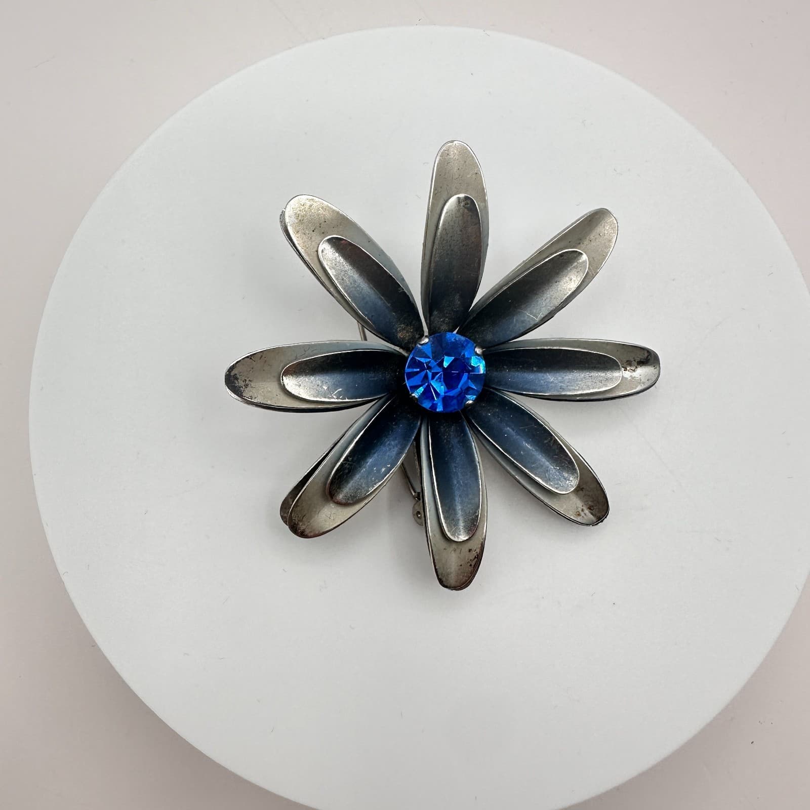 Vintage 90s Silver Tone Blue Glass Floral Pin Brooch Fashion Women's Jewelry - Thumbnail 3