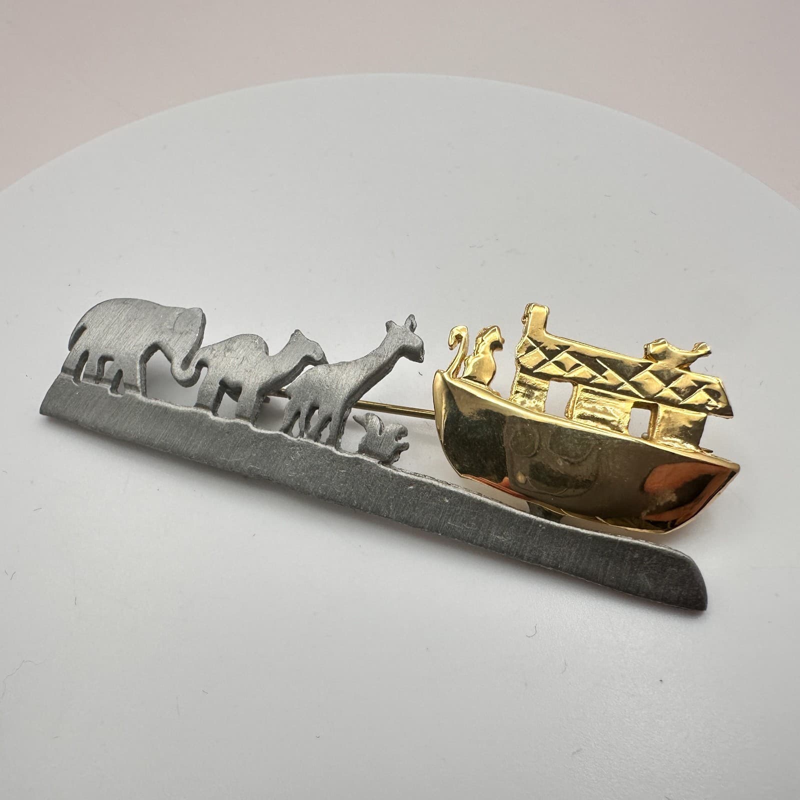 Vintage 80s Ultra Craft Noahs Ark Pewter Brooch Pin Women's Classic Jewelry - Thumbnail 6