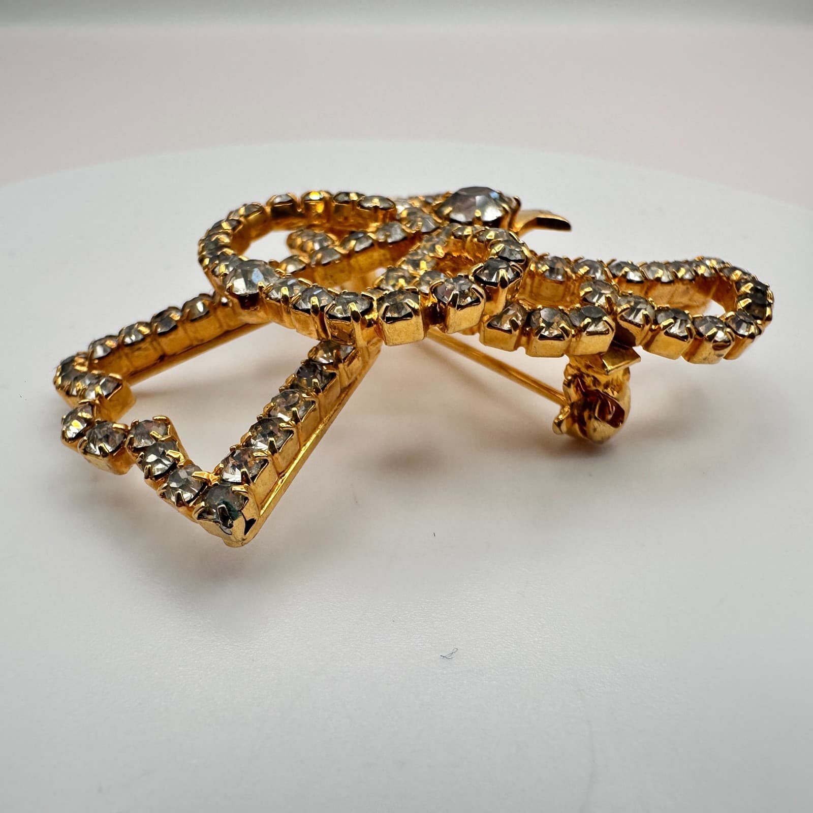 Vintage 90s Angel Brooch Pin Gold Tone Clear Rhinestone Religious Jewelry - Thumbnail 5