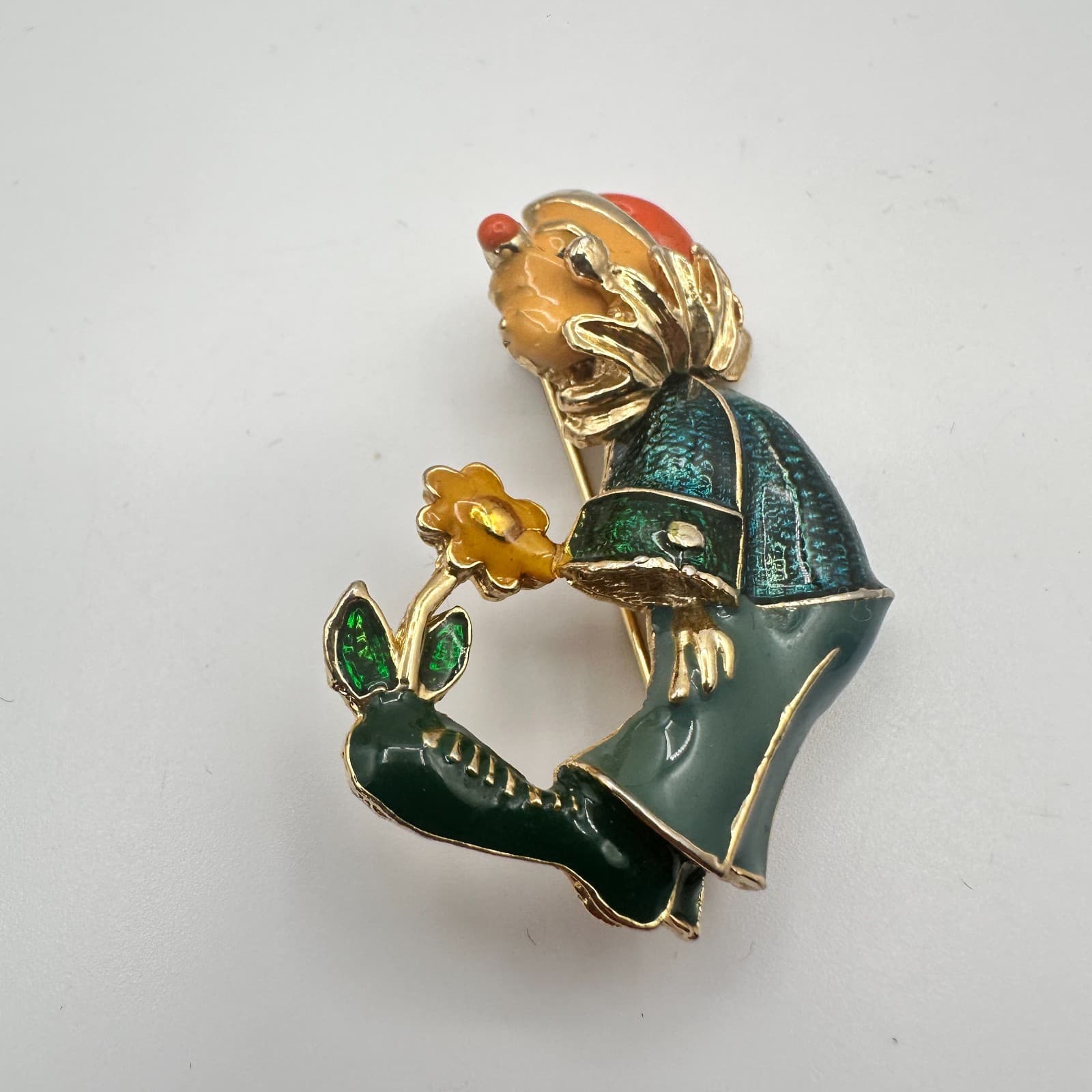 Vintage Y2K Gold Tone Sad Clown Holding Flower Enamel Brooch Pin Classic Jewelry - Thumbnail 2