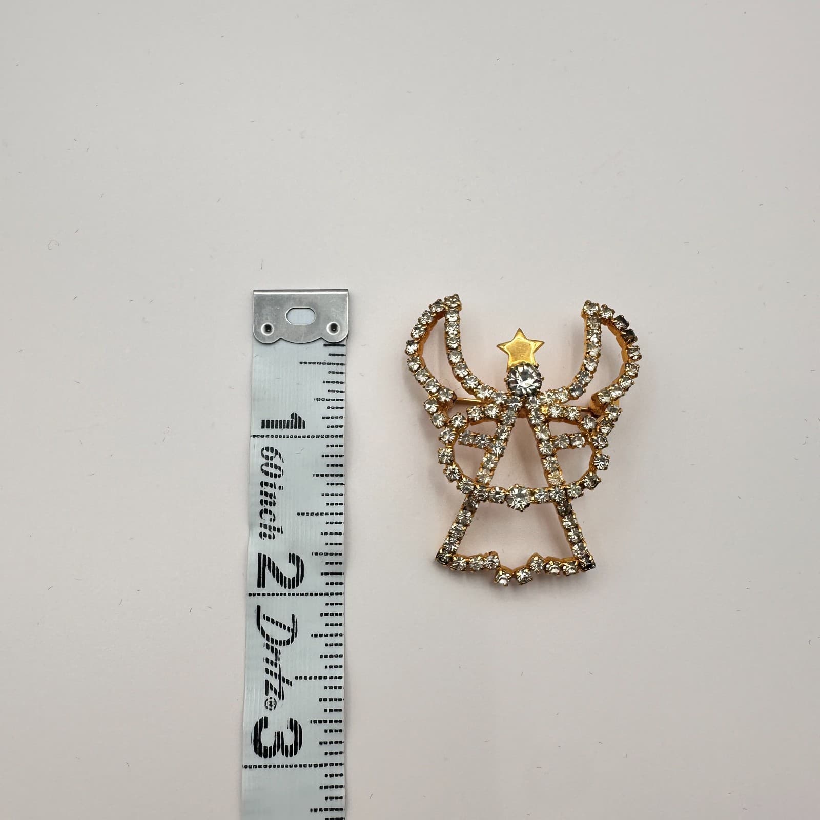 Vintage 90s Angel Brooch Pin Gold Tone Clear Rhinestone Religious Jewelry - Thumbnail 8