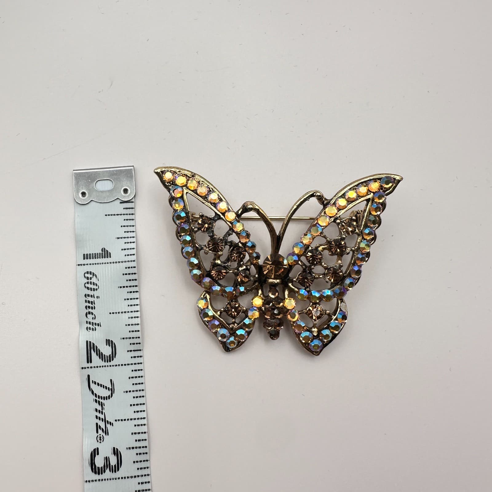 Vintage 90s Gold Tone Filigree Butterfly Brooch Pin AB Glass Fashion Jewelry - Thumbnail 6