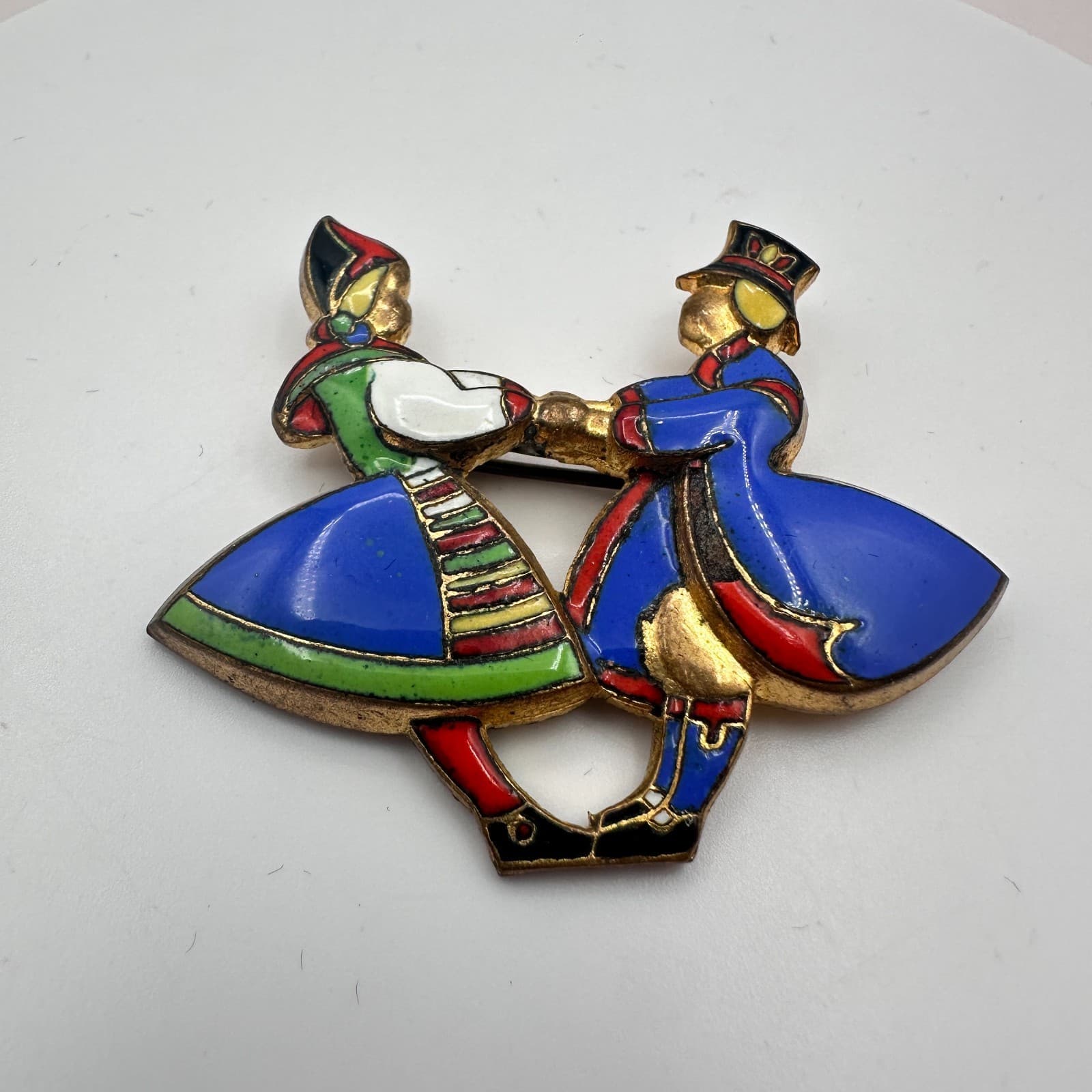 Vintage Y2K Gold Tone Folk Dancing Couple Enamel Brooch Pin Women's Jewelry - Thumbnail 4