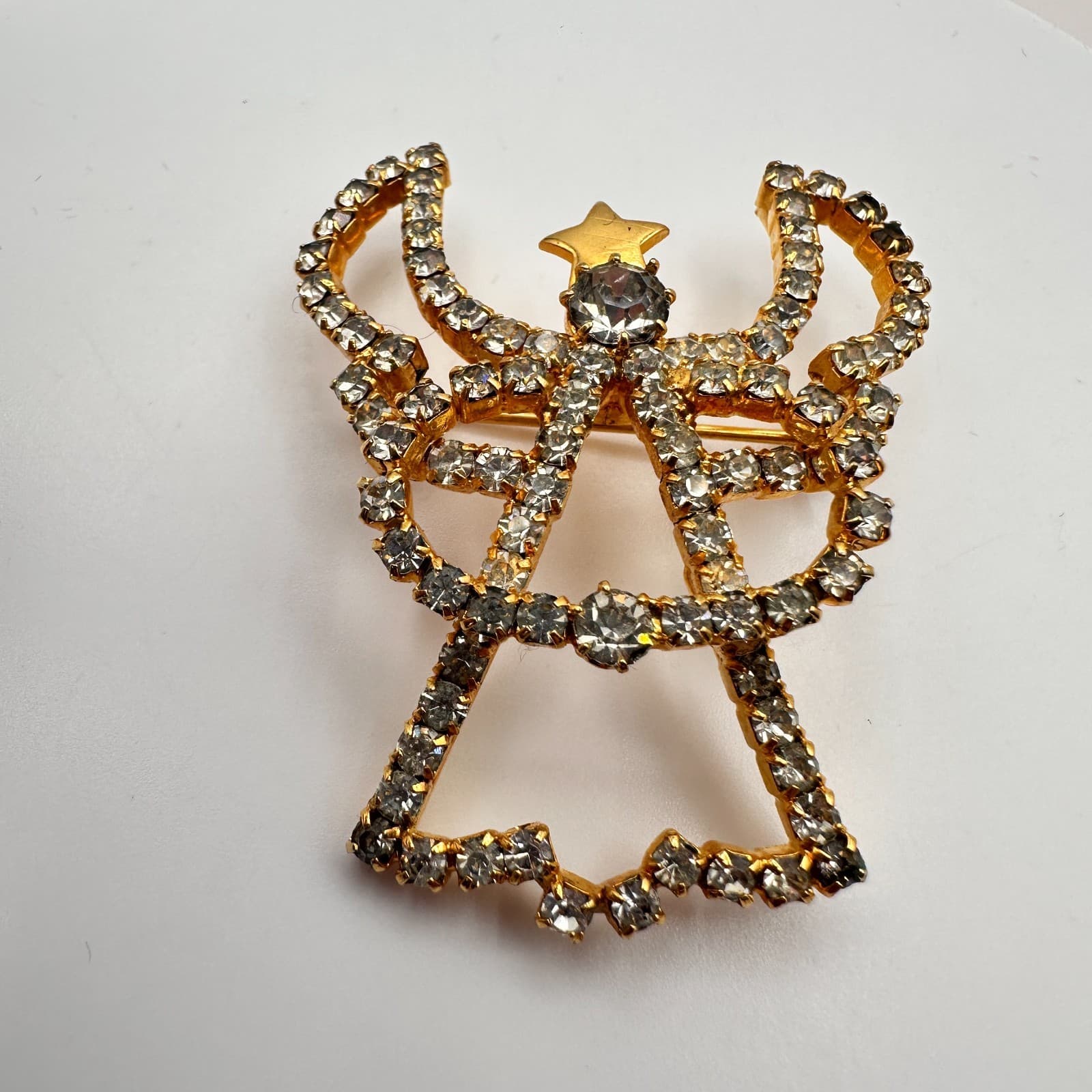 Vintage 90s Angel Brooch Pin Gold Tone Clear Rhinestone Religious Jewelry