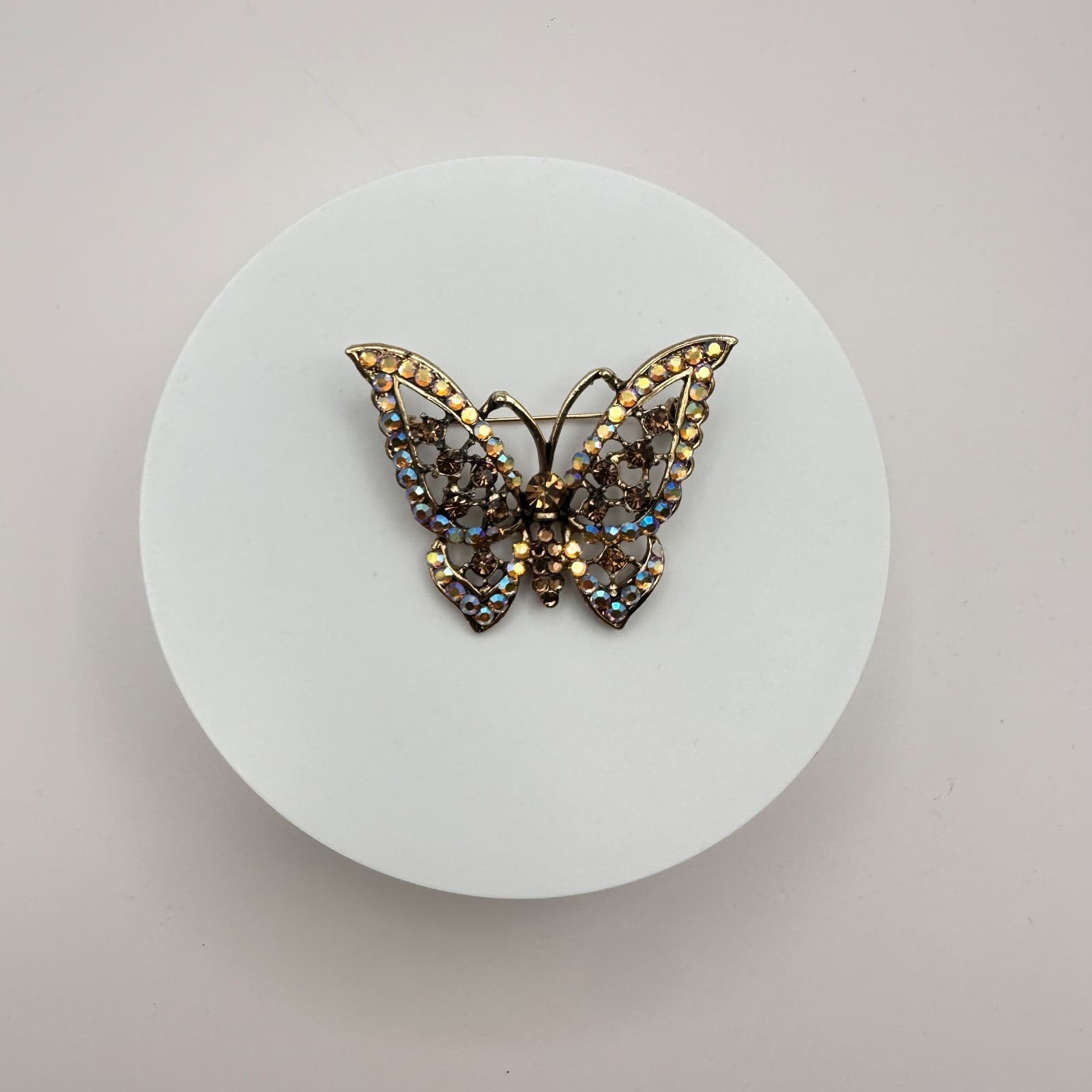 Vintage 90s Gold Tone Filigree Butterfly Brooch Pin AB Glass Fashion Jewelry - Thumbnail 2
