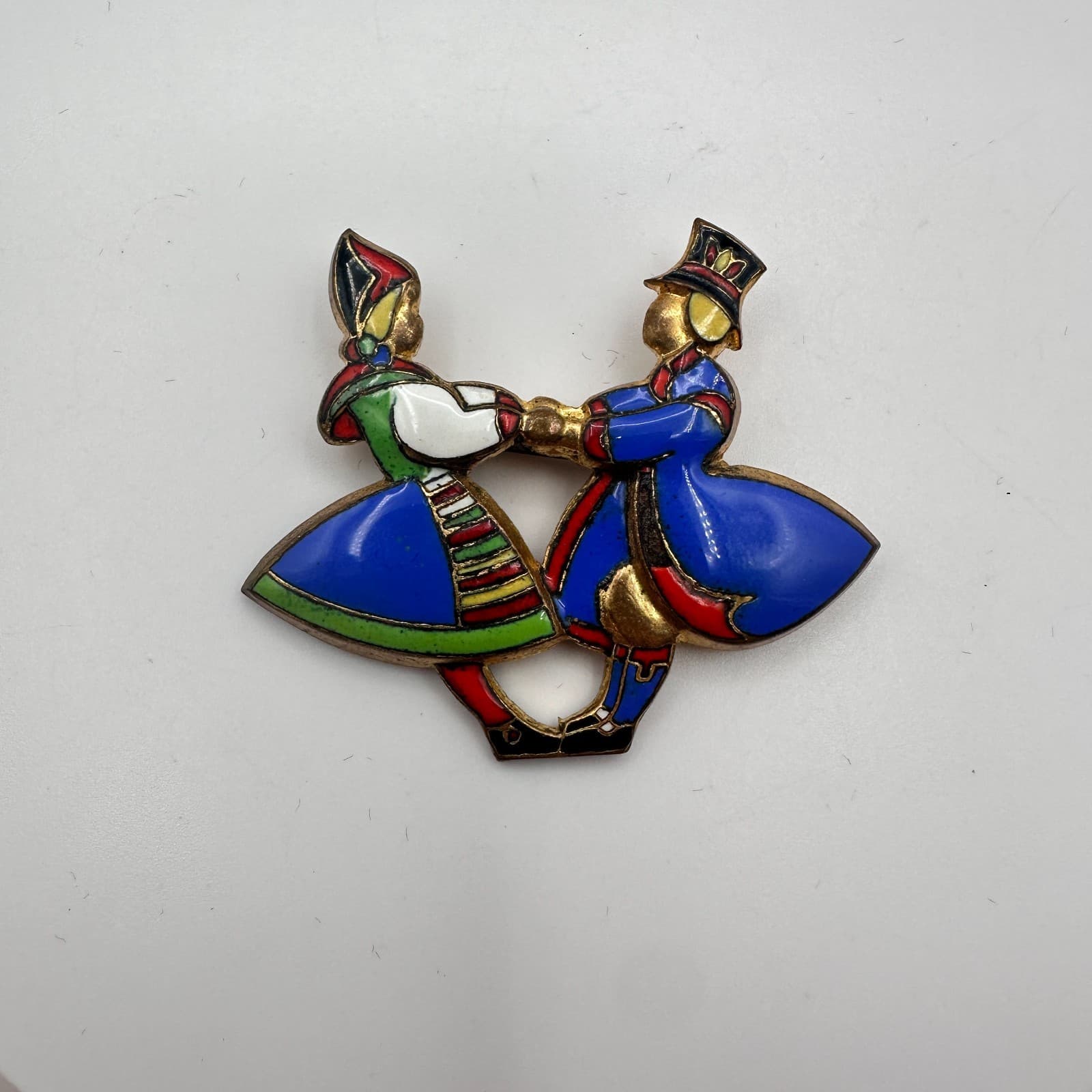 Vintage Y2K Gold Tone Folk Dancing Couple Enamel Brooch Pin Women's Jewelry - Thumbnail 3