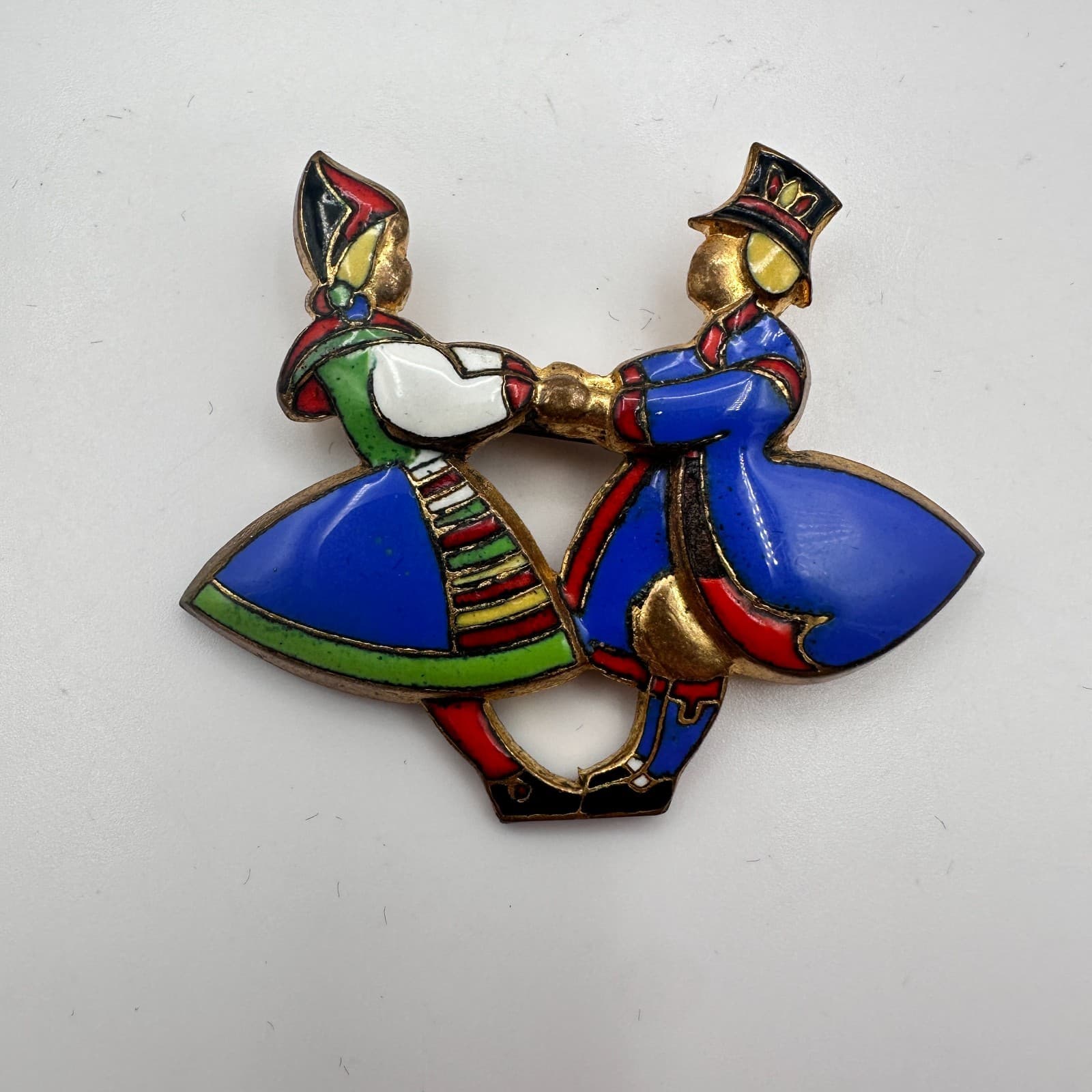 Vintage Y2K Gold Tone Folk Dancing Couple Enamel Brooch Pin Women's Jewelry