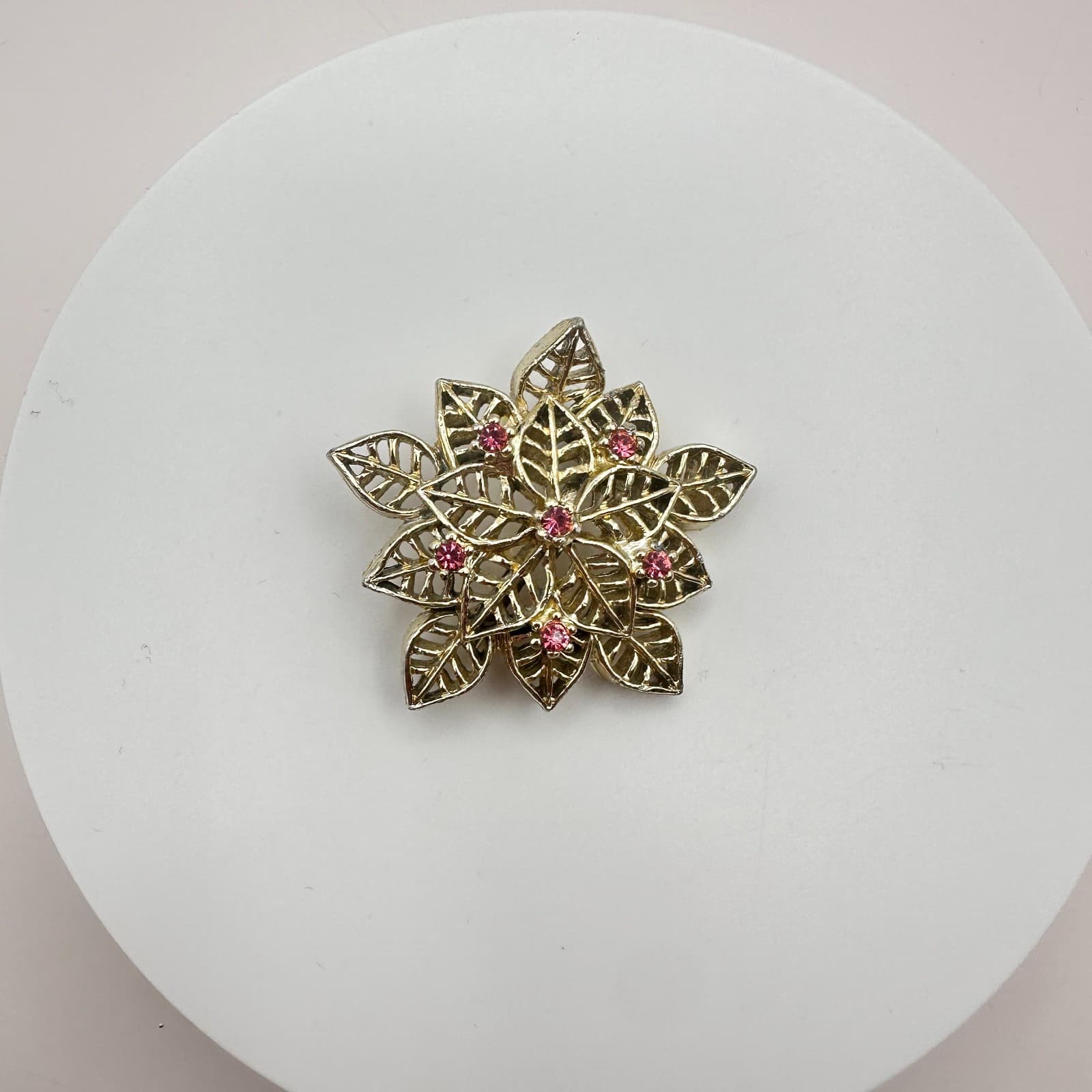 Vintage 80s Gold Tone Leaf Snowflake Pink Rhinestone Brooch Pin Women's Jewelry - Thumbnail 3