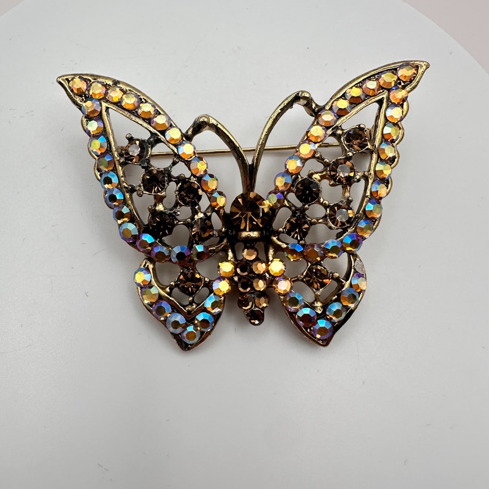 Vintage 90s Gold Tone Filigree Butterfly Brooch Pin AB Glass Fashion Jewelry - Thumbnail 4