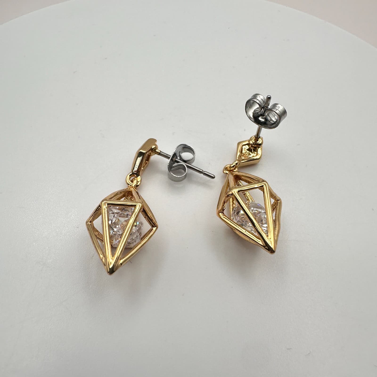 Vintage Y2K Gold Tone Geometric Cage Glass Beaded Dangle Earring Women's Jewelry - Thumbnail 3