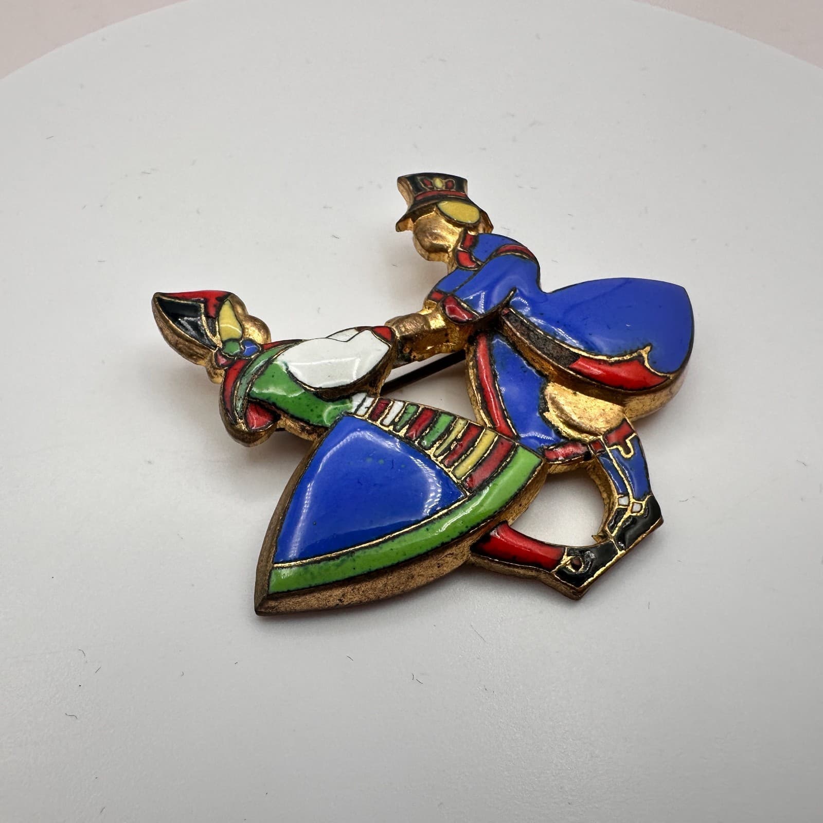 Vintage Y2K Gold Tone Folk Dancing Couple Enamel Brooch Pin Women's Jewelry - Thumbnail 6