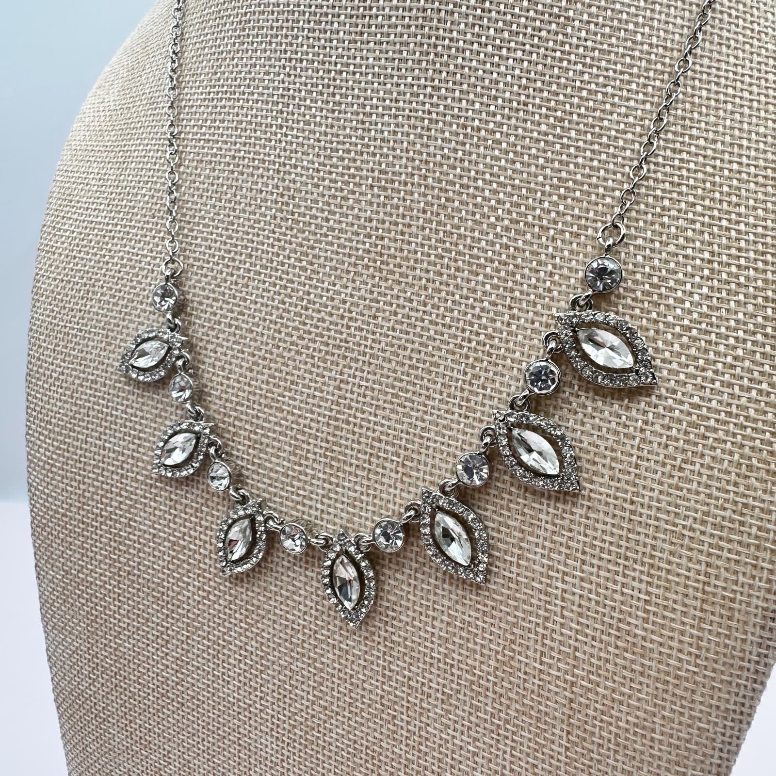 Vintage 90s Silver Tone Clear Rhinestone Marquis Statement Necklace Jewelry - Thumbnail 6