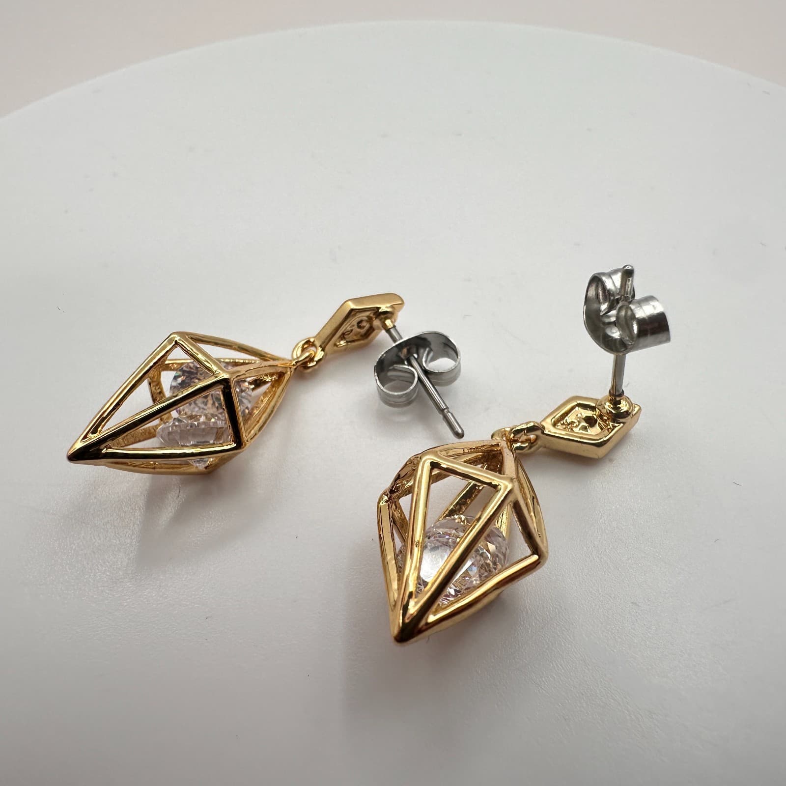 Vintage Y2K Gold Tone Geometric Cage Glass Beaded Dangle Earring Women's Jewelry - Thumbnail 4